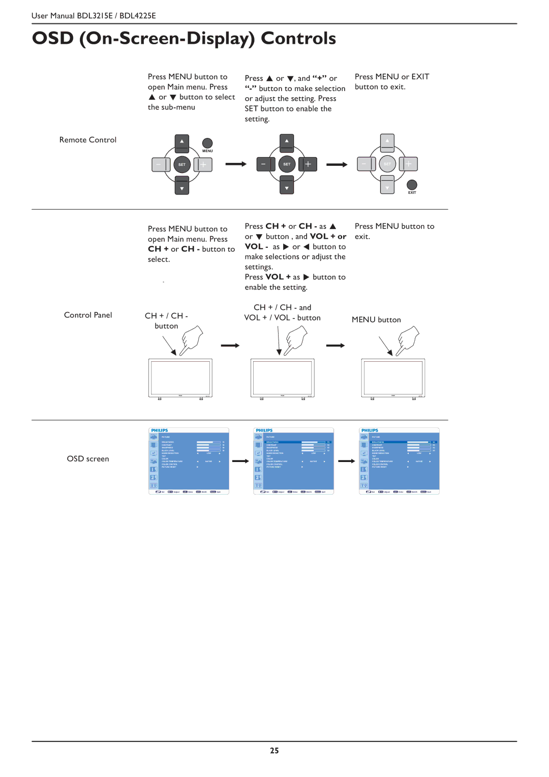 Philips BDL4225E, BDL3215E user manual OSD On-Screen-Display Controls, OSD screen 