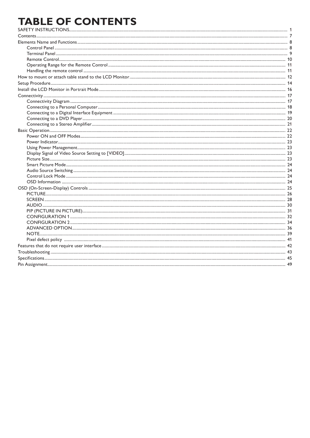 Philips BDL3215E, BDL4225E user manual Table of Contents 