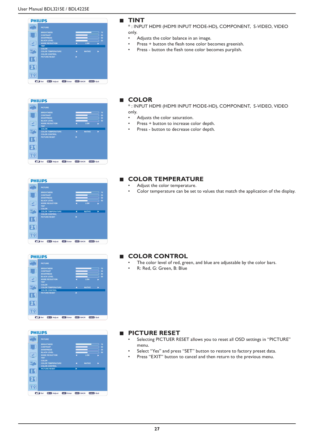 Philips BDL4225E, BDL3215E user manual Tint, Color Temperature, Color Control, Picture Reset 