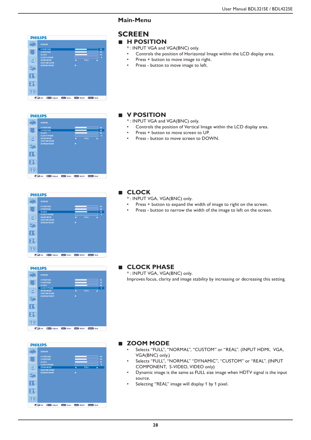 Philips BDL3215E, BDL4225E user manual Screen, Position, Clock Phase, Zoom Mode 