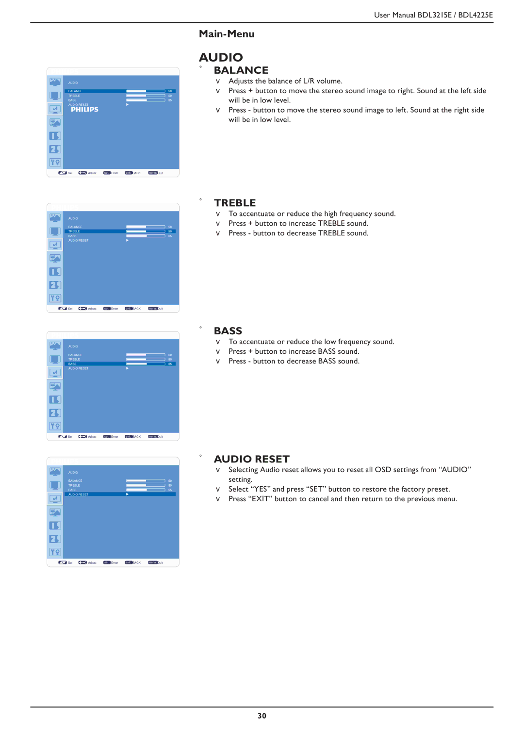 Philips BDL3215E, BDL4225E user manual Balance, Treble, Bass, Audio Reset 
