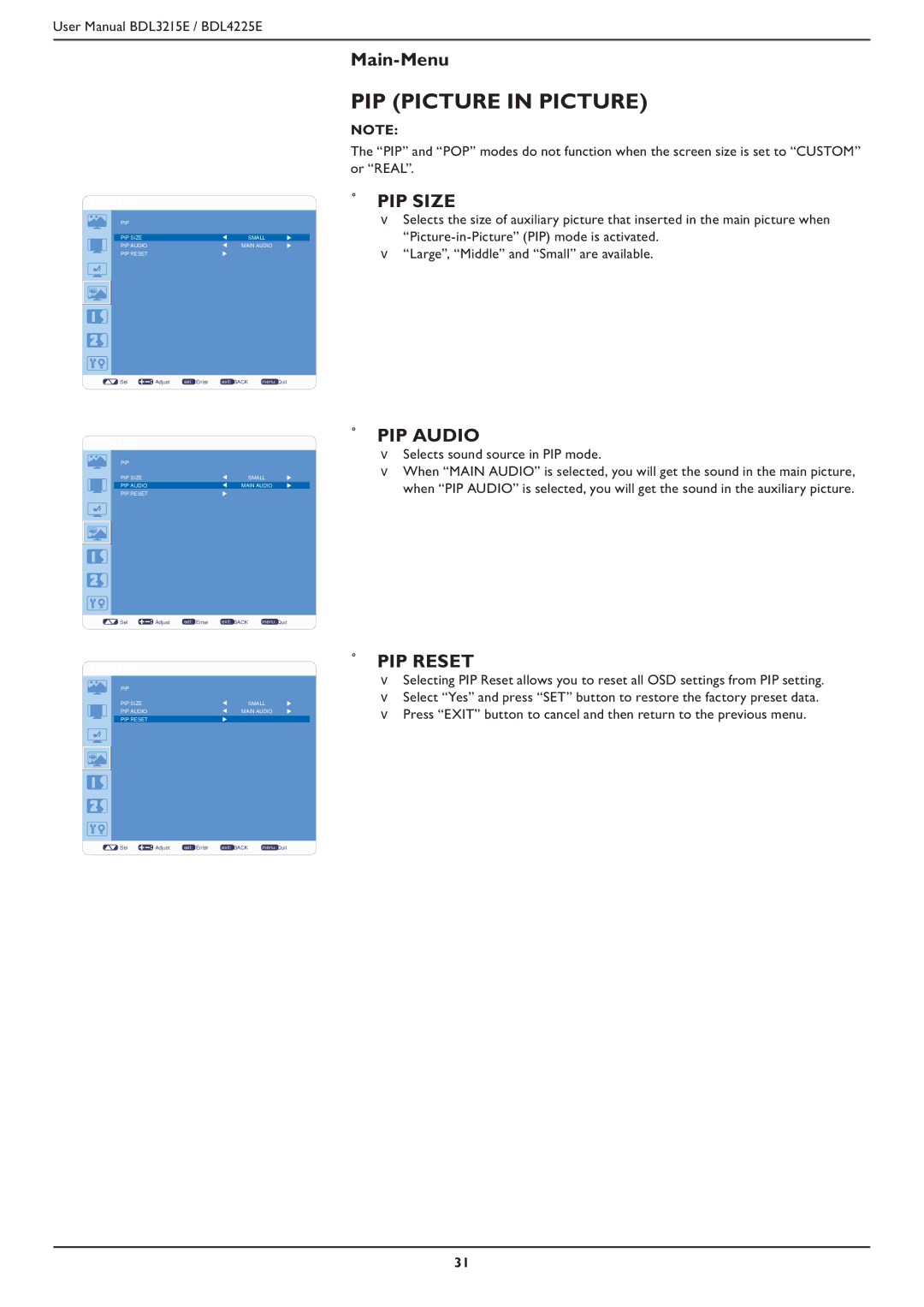 Philips BDL4225E, BDL3215E user manual PIP Picture in Picture, PIP Size, PIP Audio, PIP Reset 