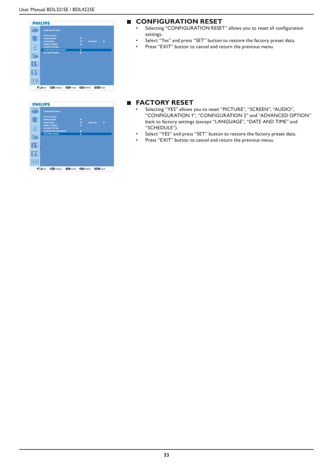 Philips BDL4225E, BDL3215E user manual Configuration Reset, Factory Reset 