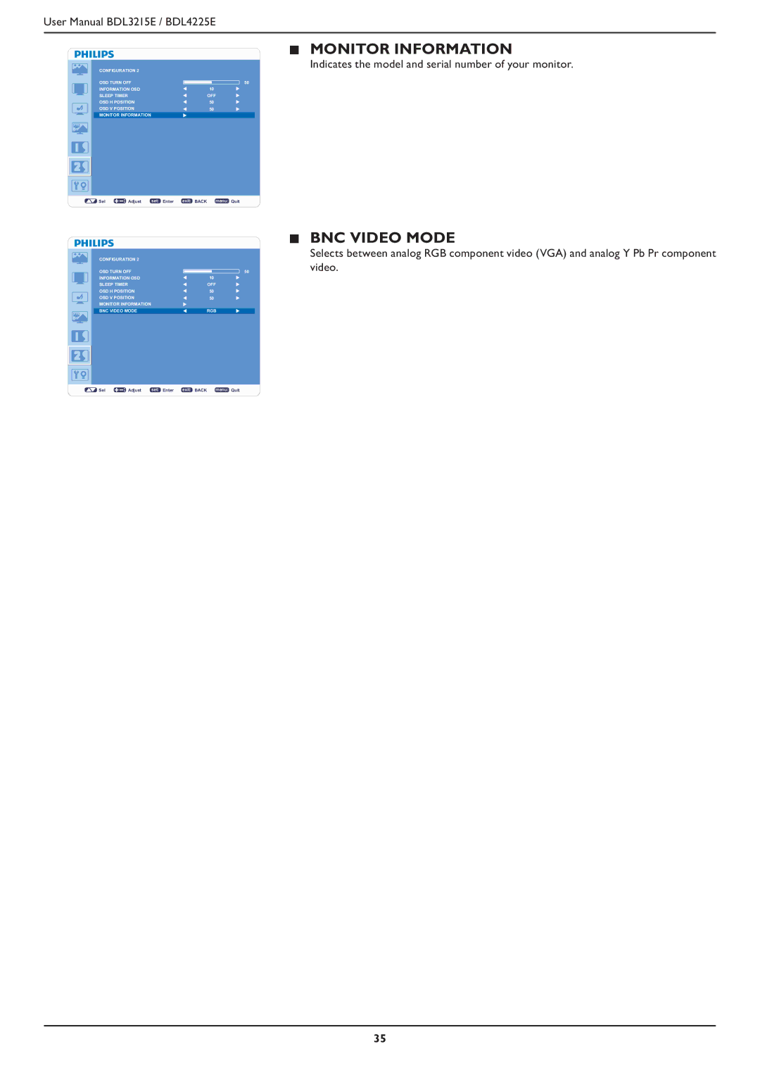 Philips BDL4225E, BDL3215E user manual Monitor Information, BNC Video Mode 