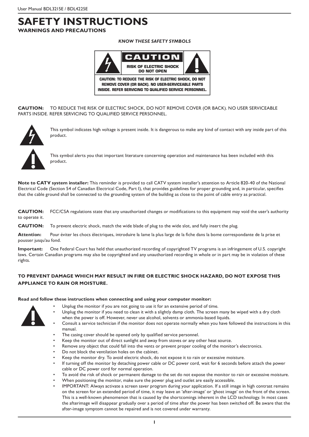 Philips BDL4225E, BDL3215E user manual Safety Instructions 