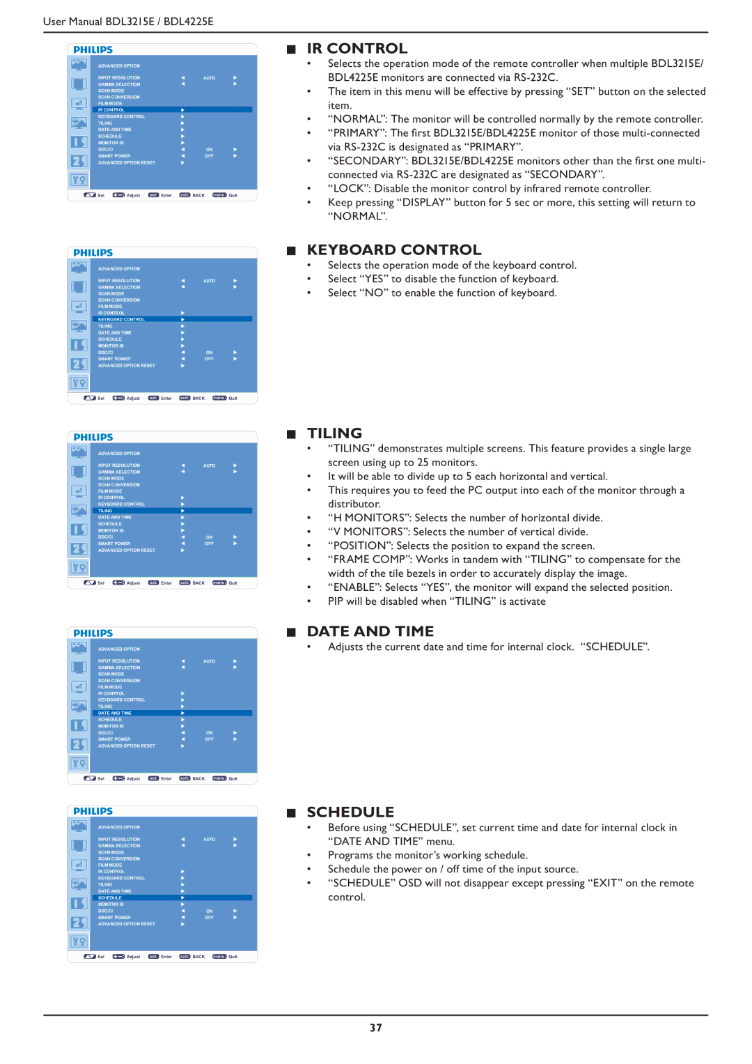 Philips BDL4225E, BDL3215E user manual IR Control, Tiling, Date and Time, Schedule 
