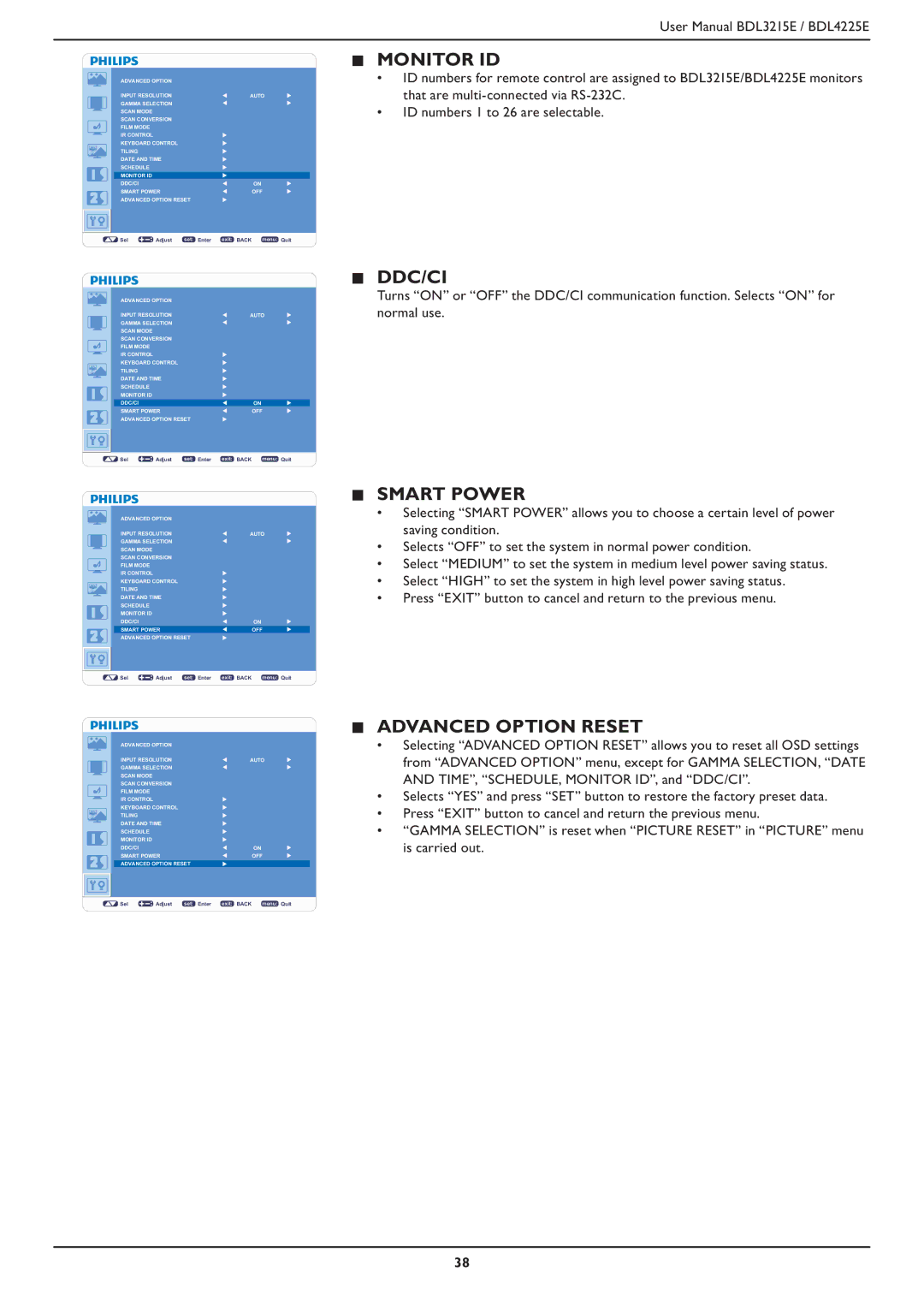 Philips BDL3215E, BDL4225E user manual Monitor ID, Smart Power, Advanced Option Reset 
