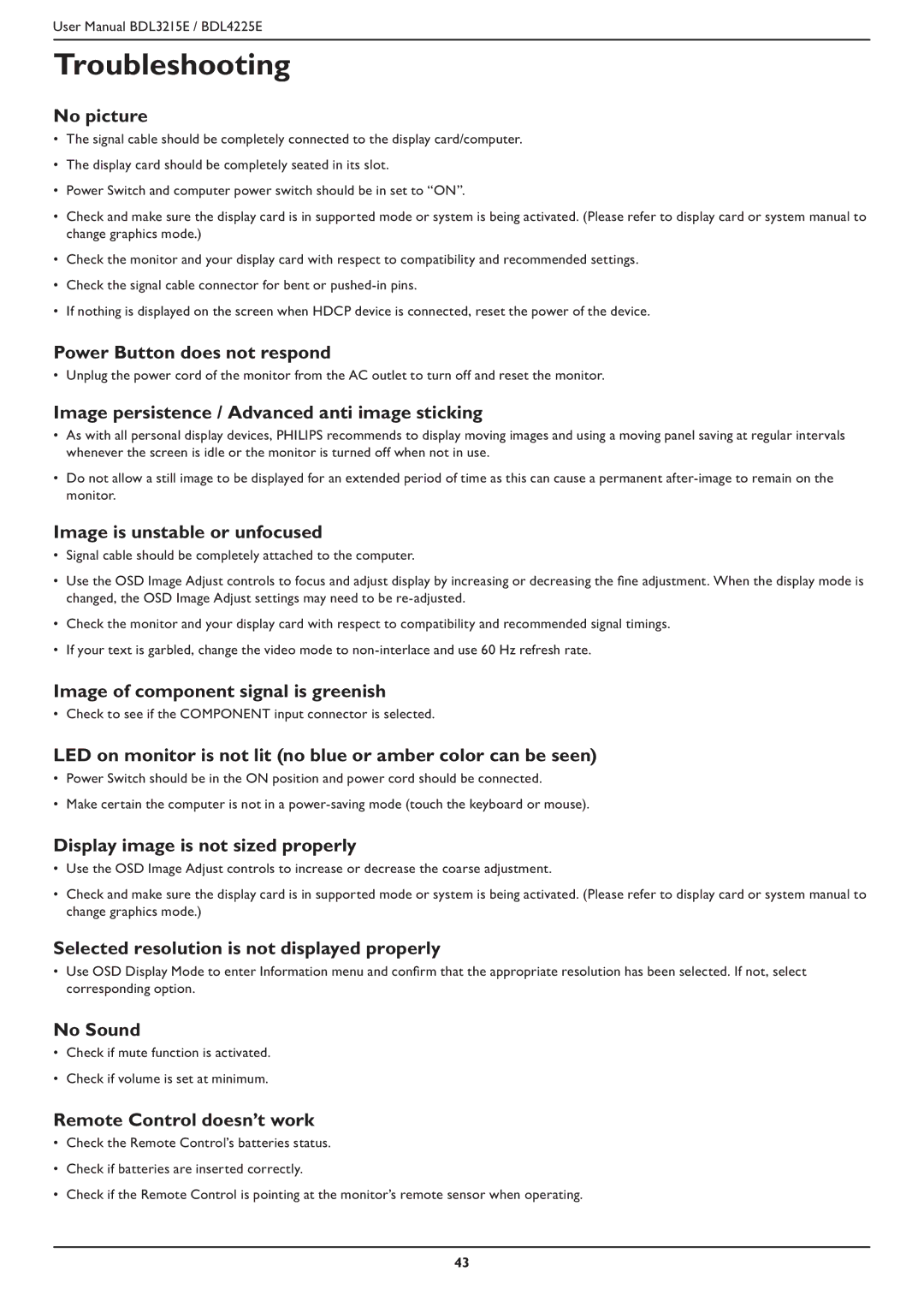 Philips BDL4225E, BDL3215E user manual Troubleshooting 