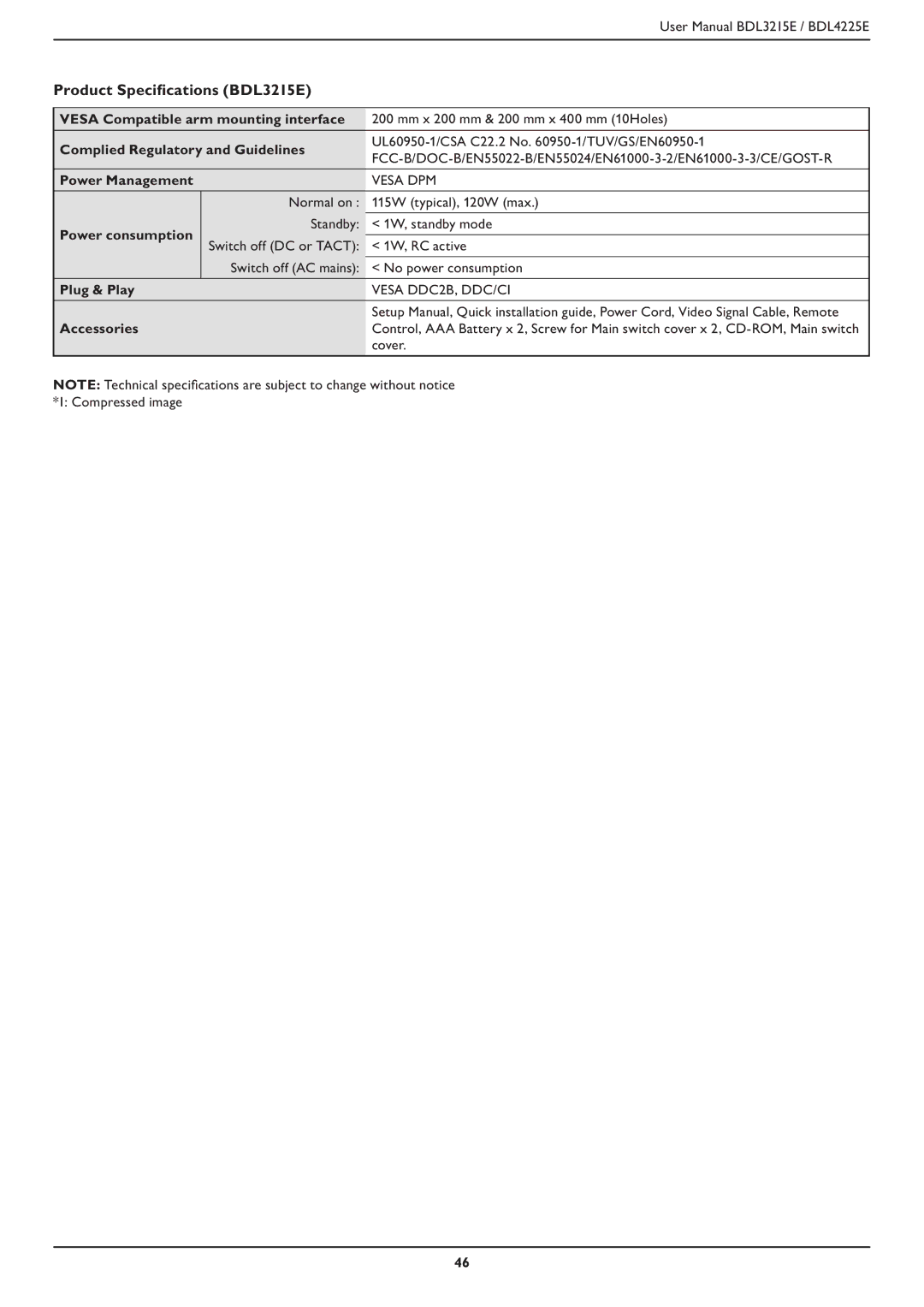 Philips BDL3215E, BDL4225E user manual Complied Regulatory and Guidelines, Power Management, Power consumption, Plug & Play 