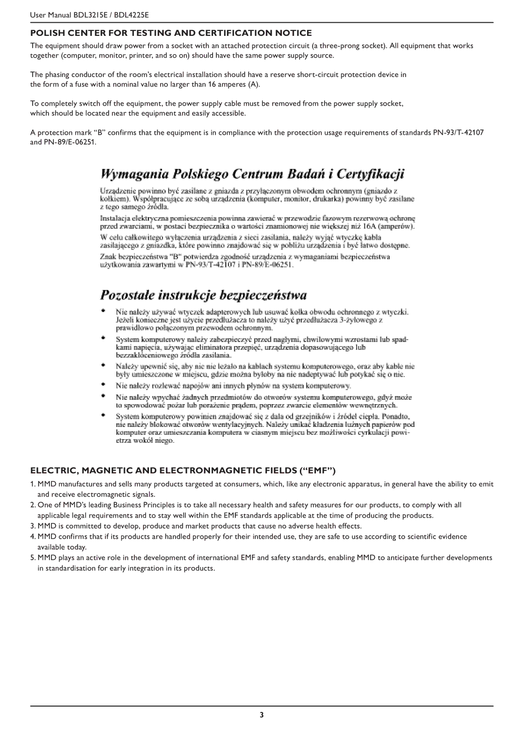 Philips BDL4225E, BDL3215E user manual Polish Center for Testing and Certification Notice 