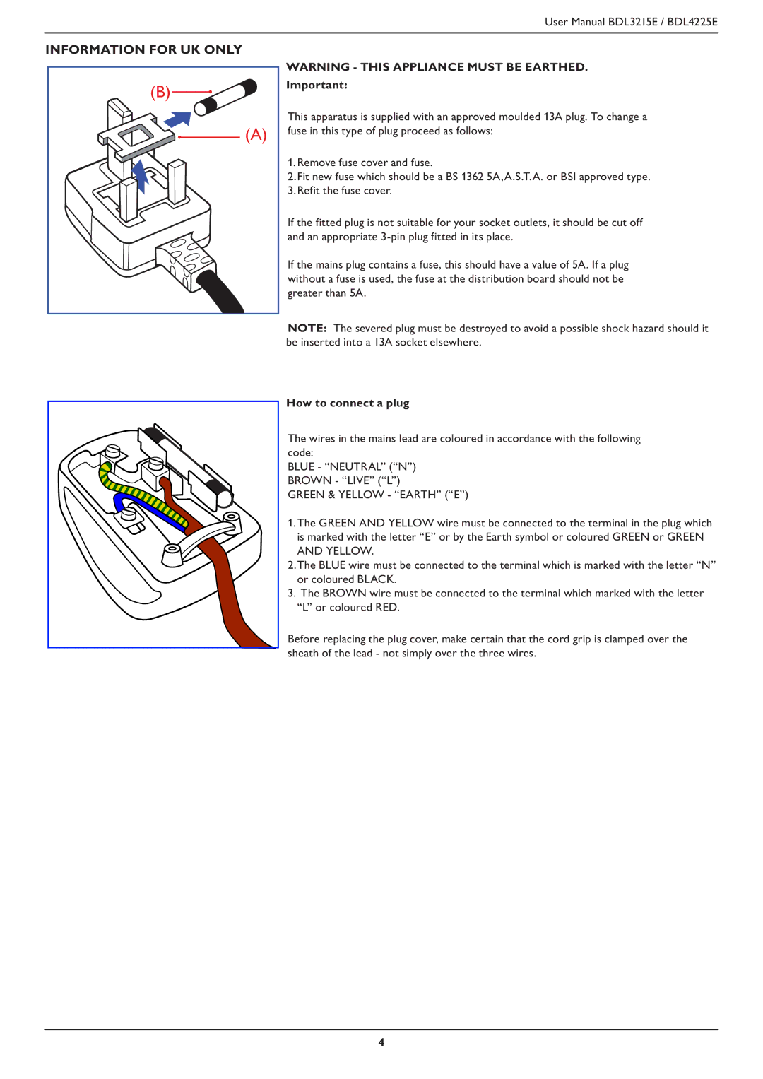 Philips BDL3215E, BDL4225E user manual Information for UK only, How to connect a plug 