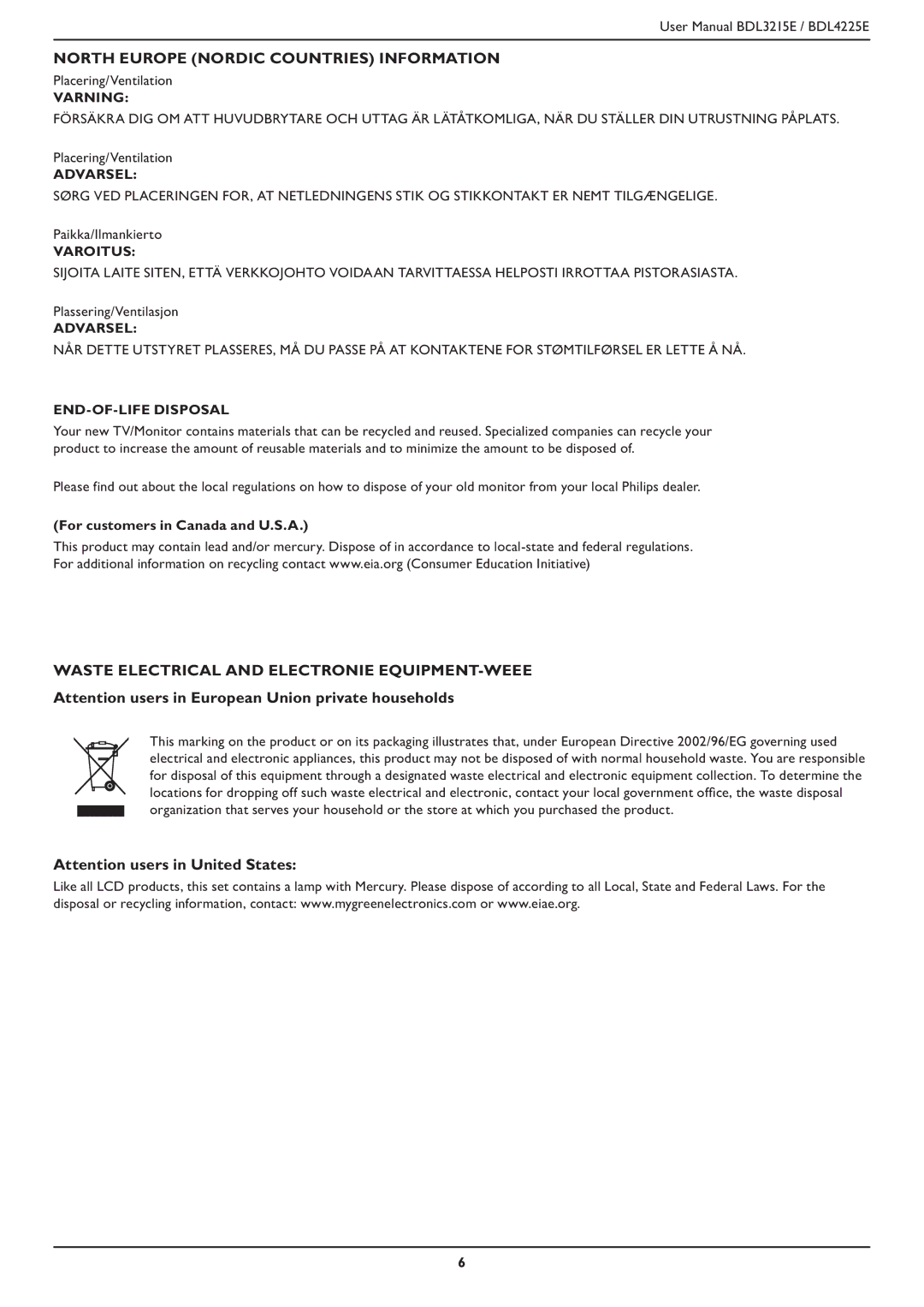 Philips BDL3215E, BDL4225E user manual North Europe Nordic Countries Information, For customers in Canada and U.S.A 