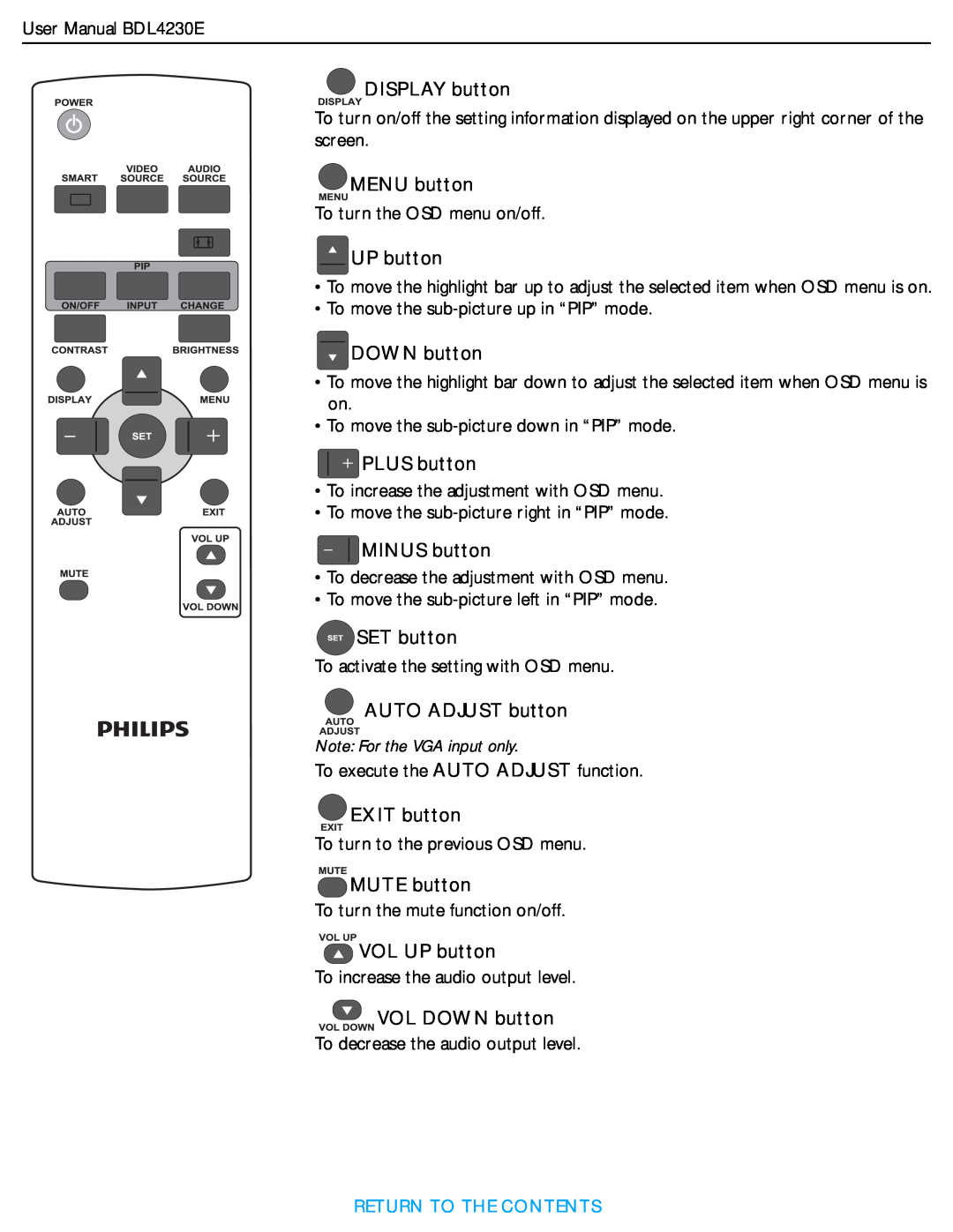 Philips BDL4230E DISPLAY button, MENU button, UP button, DOWN button, PLUS button, MINUS button, SET button, EXIT button 