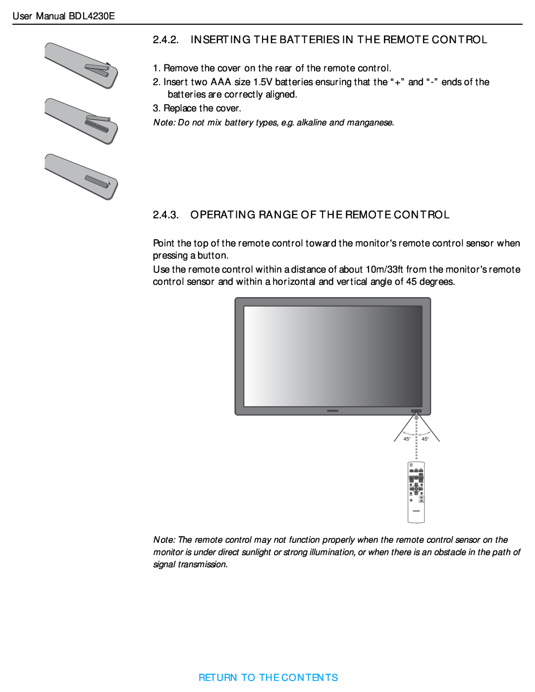 Philips BDL4230E Note Do not mix battery types, e.g. alkaline and manganese, Inserting The Batteries In The Remote Control 