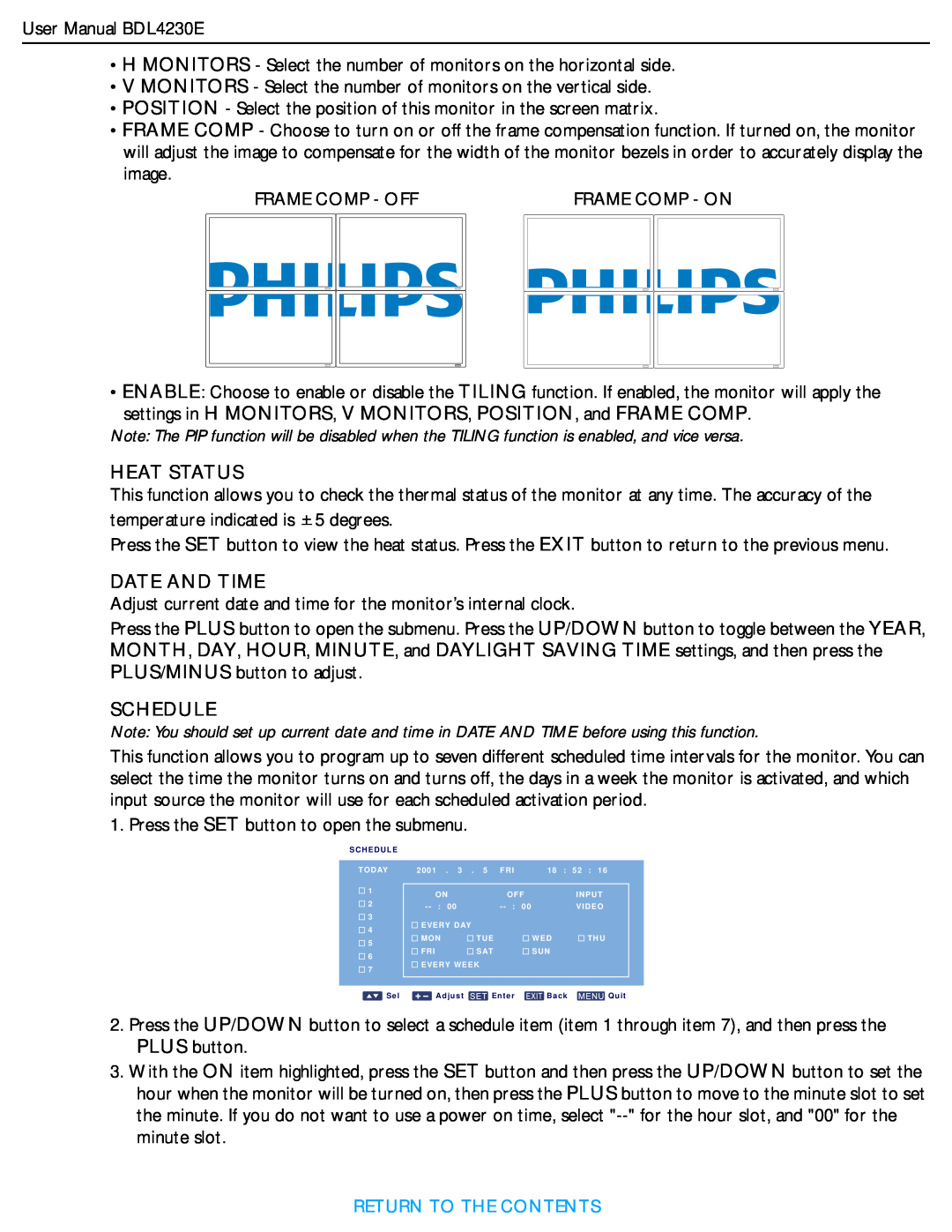 Philips BDL4230E user manual Heat Status, Date And Time, Schedule, Return To The Contents 