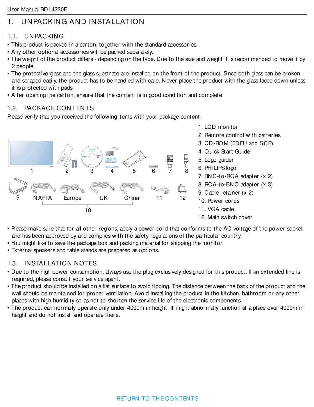 Philips BDL4230E user manual Unpacking and Installation 