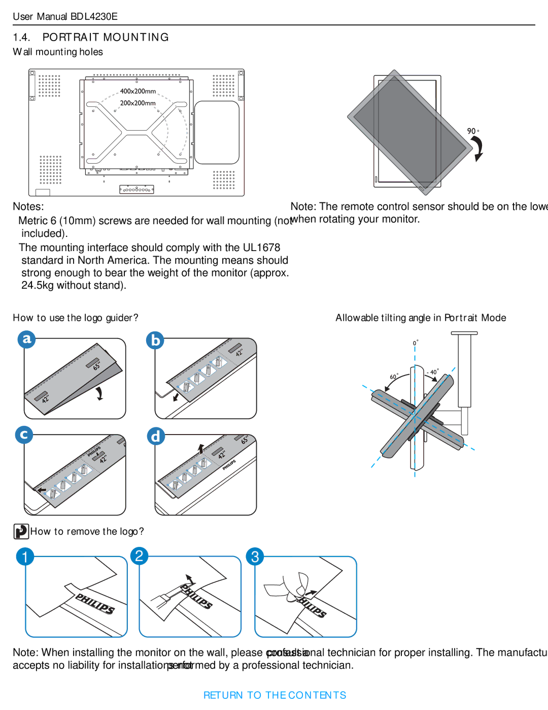 Philips BDL4230E user manual Portrait Mounting Wall mounting holes 