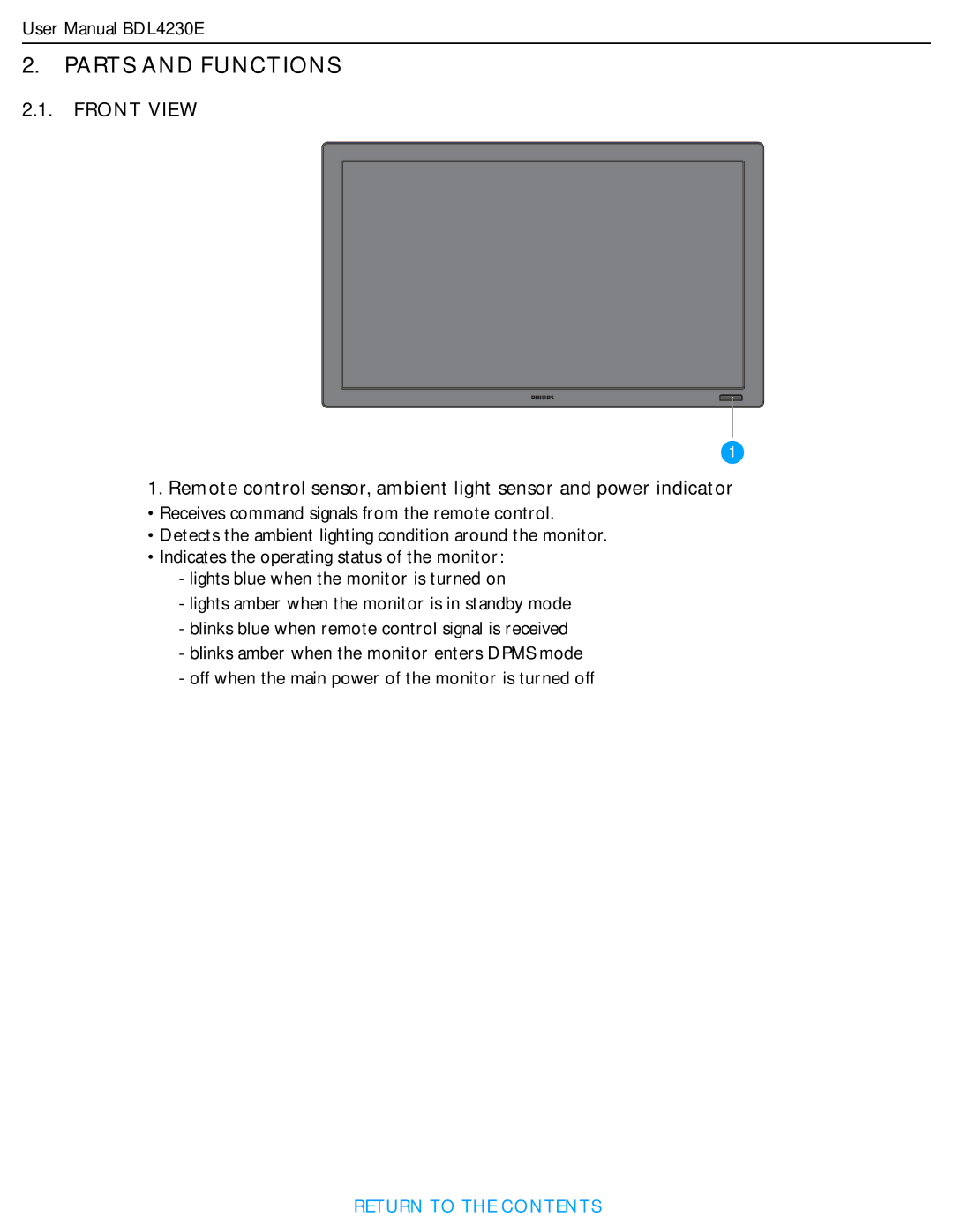 Philips BDL4230E user manual Parts and Functions, Front View 