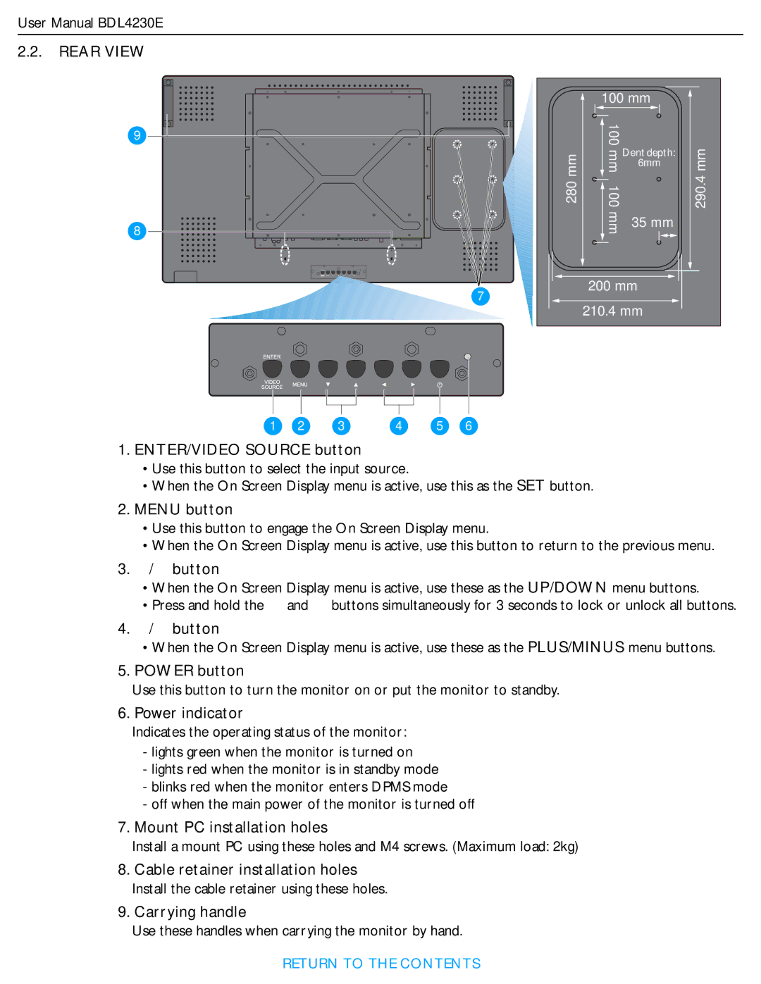 Philips BDL4230E user manual ENTER/VIDEO Source button, Menu button, Button, Power button, Power indicator 