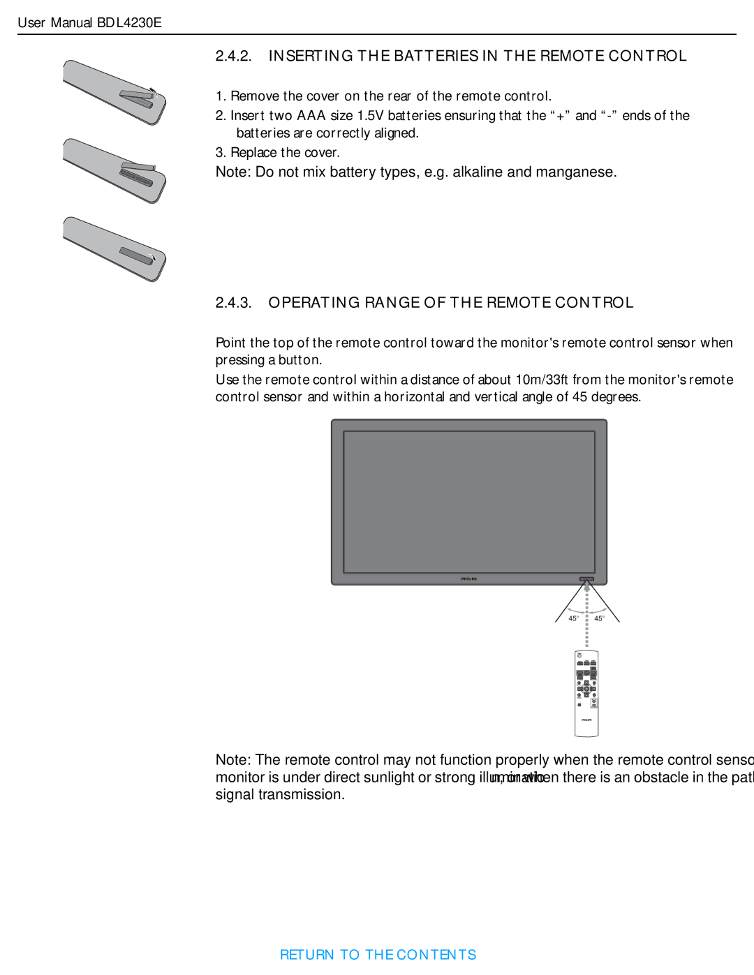 Philips BDL4230E user manual Inserting the Batteries in the Remote Control 