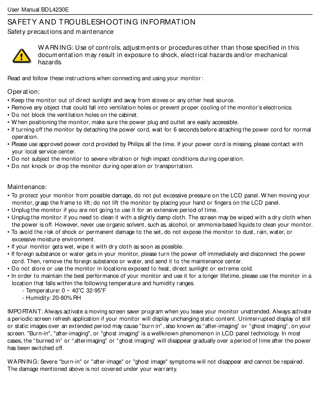 Philips BDL4230E Safety and Troubleshooting Information, Safety precautions and maintenance, Operation, Maintenance 