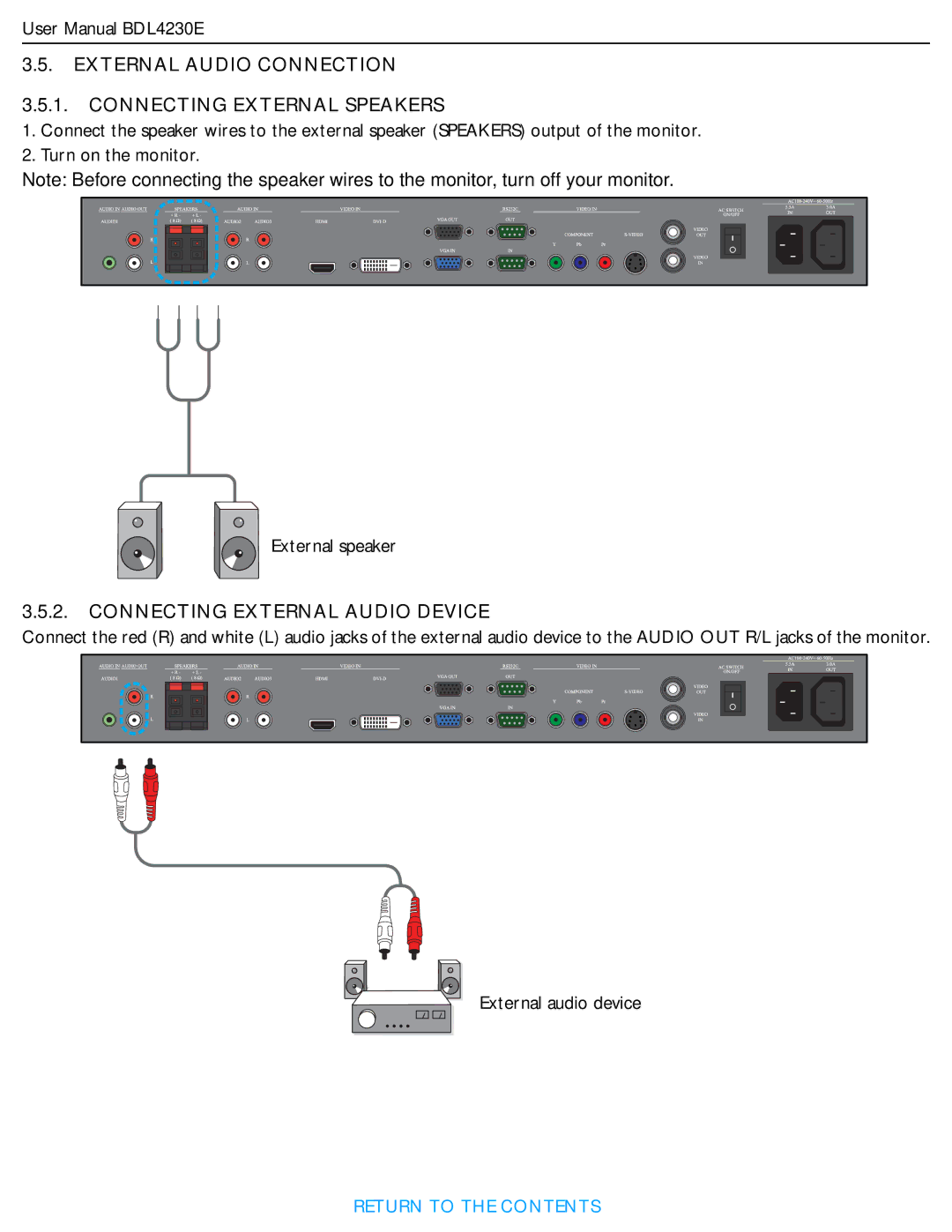 Philips BDL4230E user manual External Audio Connection Connecting External Speakers, Connecting External Audio Device 