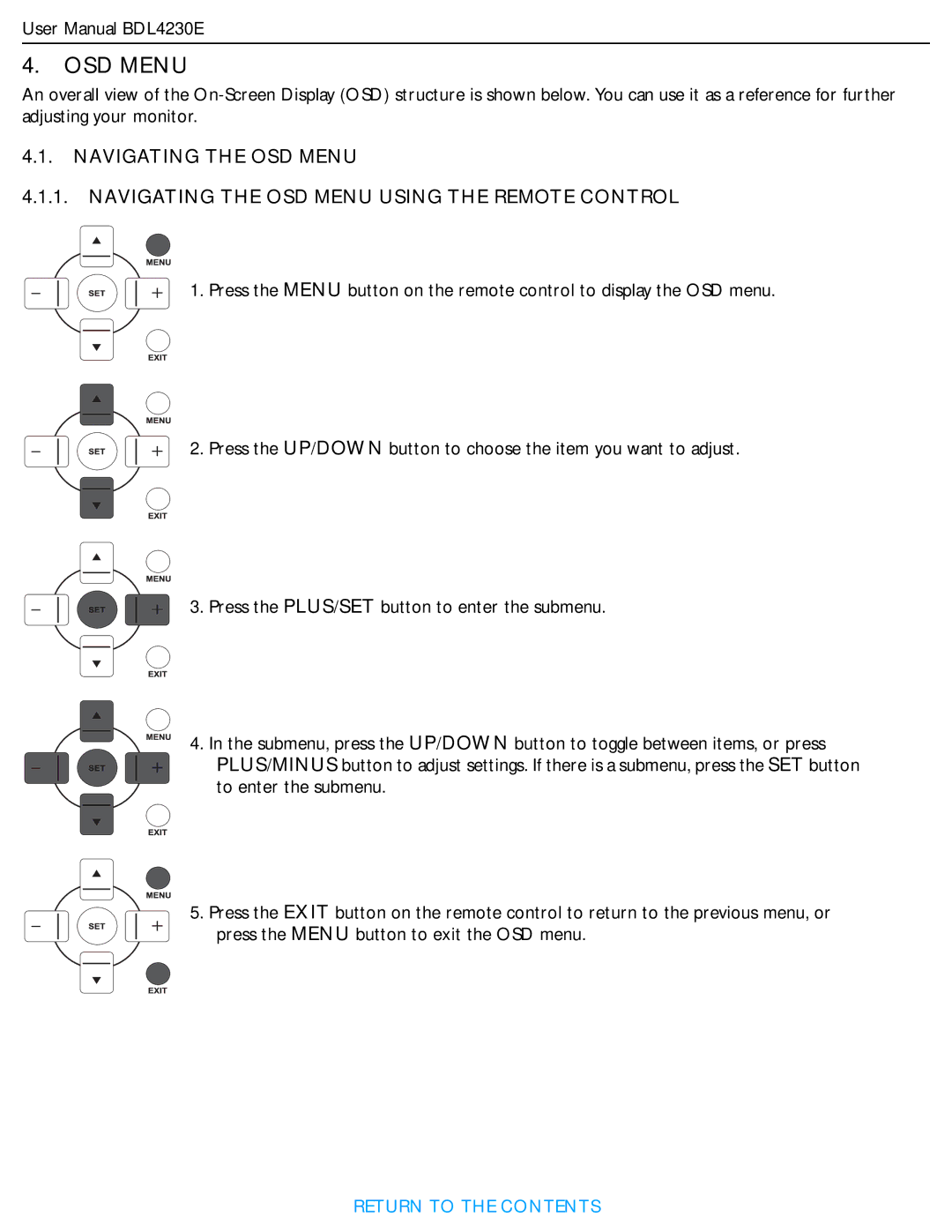 Philips BDL4230E user manual OSD Menu 