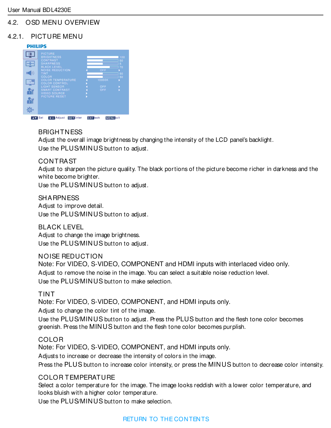 Philips BDL4230E OSD Menu Overview Picture Menu, Brightness, Contrast, Sharpness, Black Level, Noise Reduction, Tint 