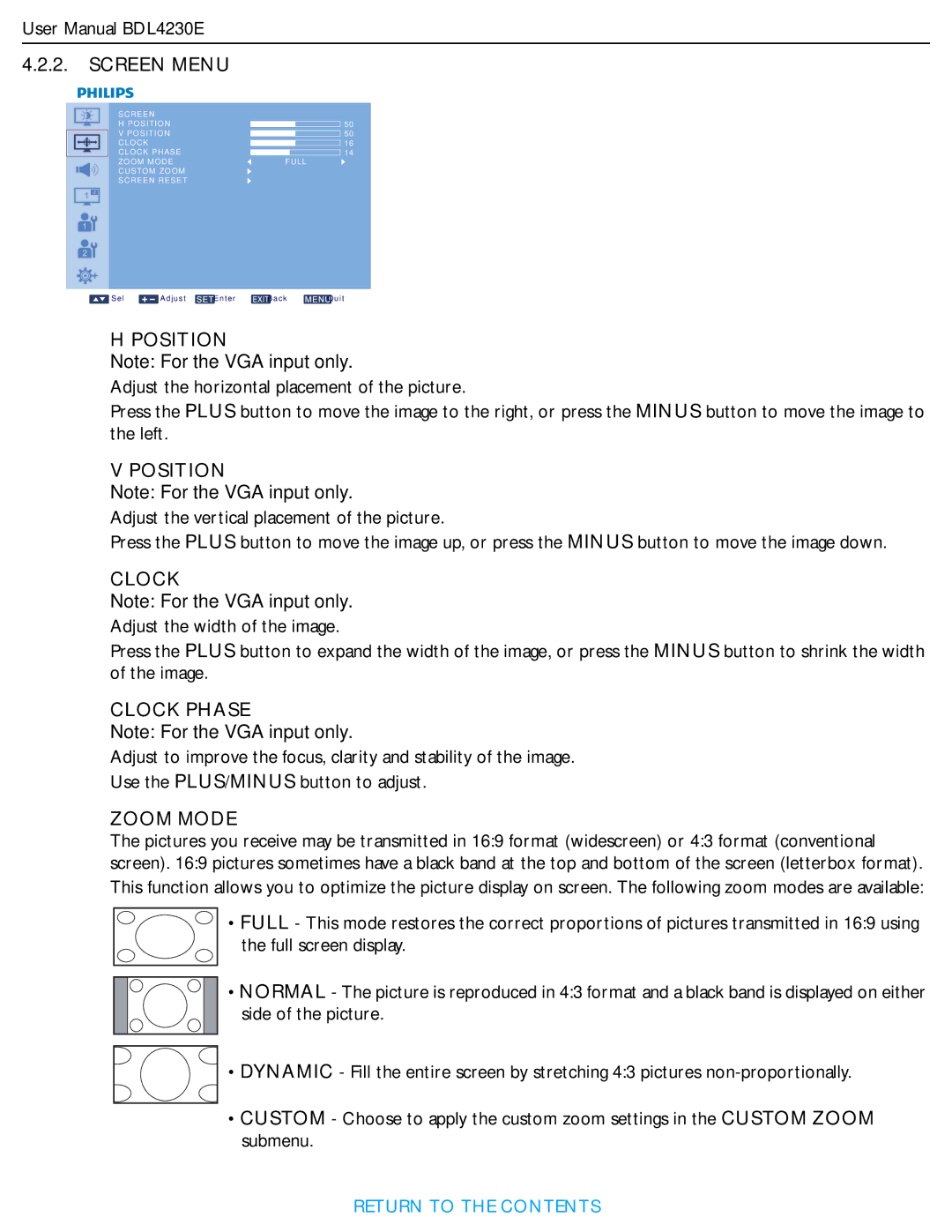 Philips BDL4230E user manual Position, Clock Phase, Zoom Mode 