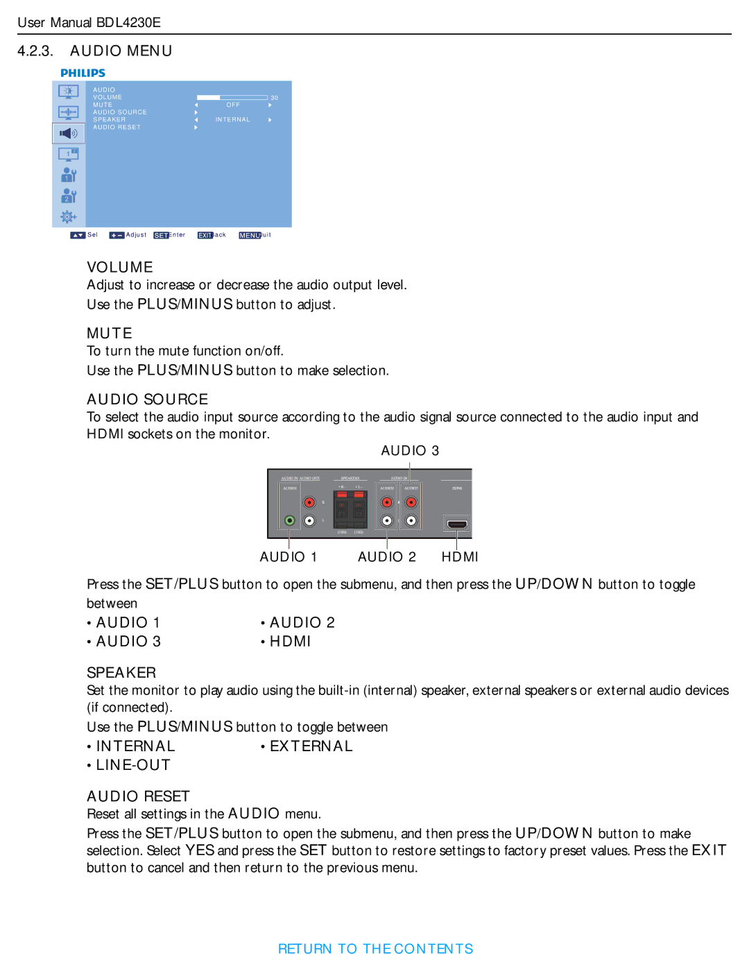 Philips BDL4230E user manual Volume, Mute, Audio Source, Audio Hdmi Speaker, Internal, LINE-OUT Audio Reset 