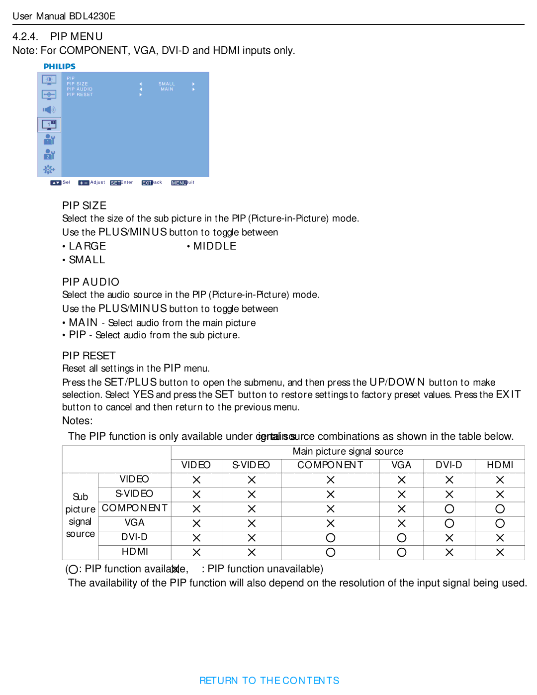 Philips BDL4230E user manual PIP Size, Large Middle Small PIP Audio, PIP Reset 