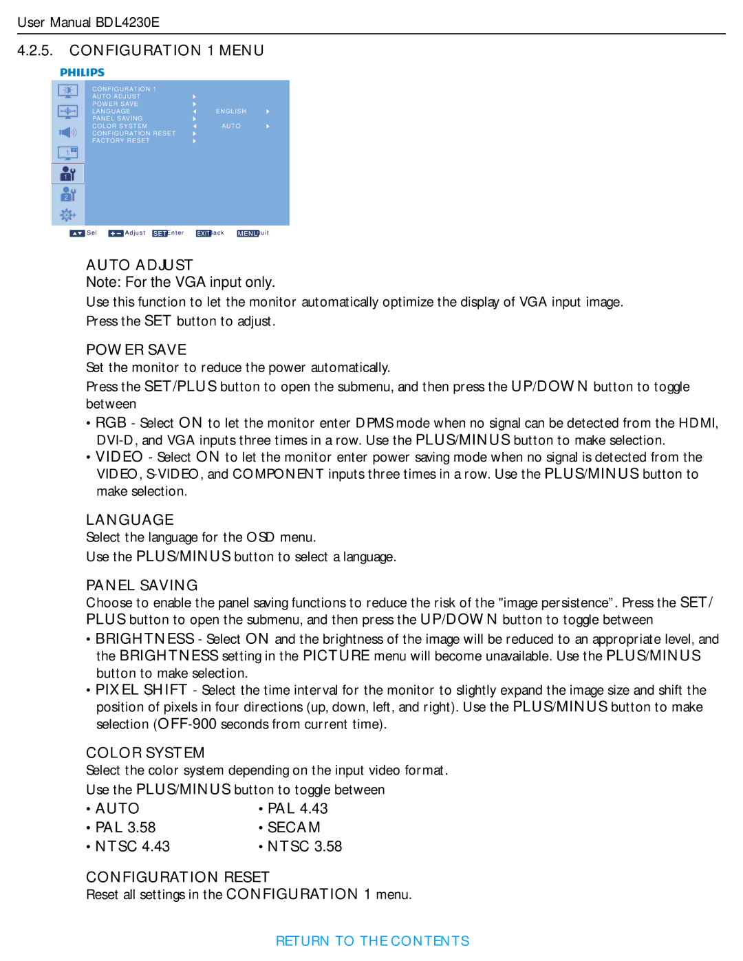 Philips BDL4230E user manual Configuration 1 Menu, Auto Adjust, Power Save, Language, Panel Saving, Color System, Secam 