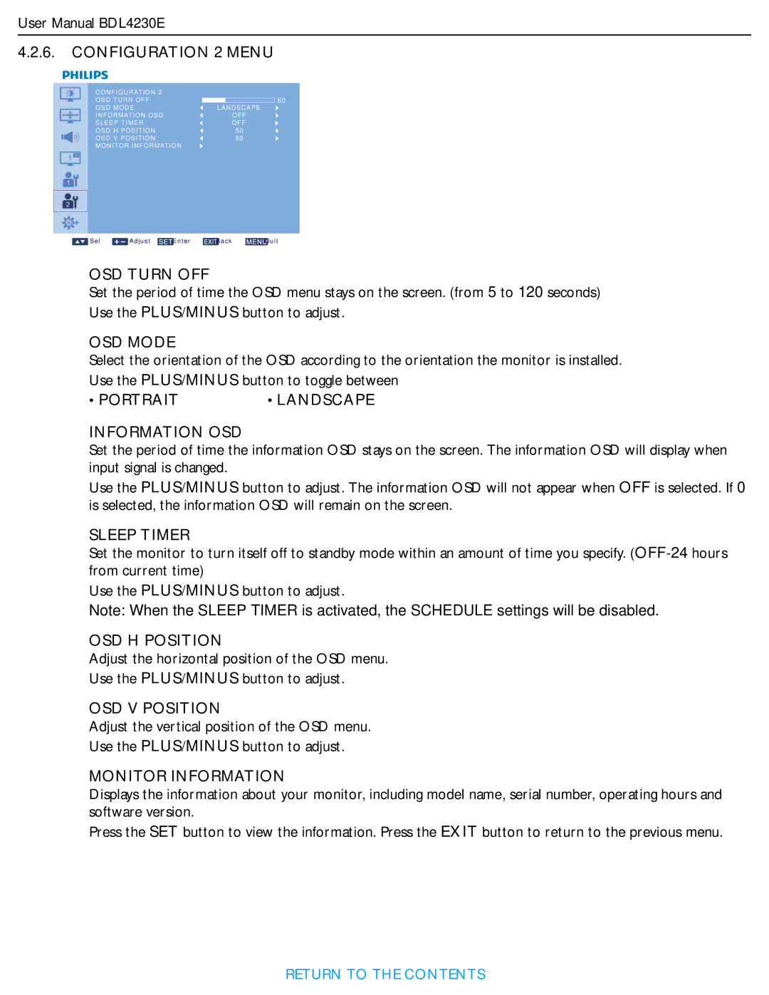 Philips BDL4230E user manual OSD Turn OFF, OSD Mode, Portrait, Information OSD, Sleep Timer, OSD H Position, OSD V Position 