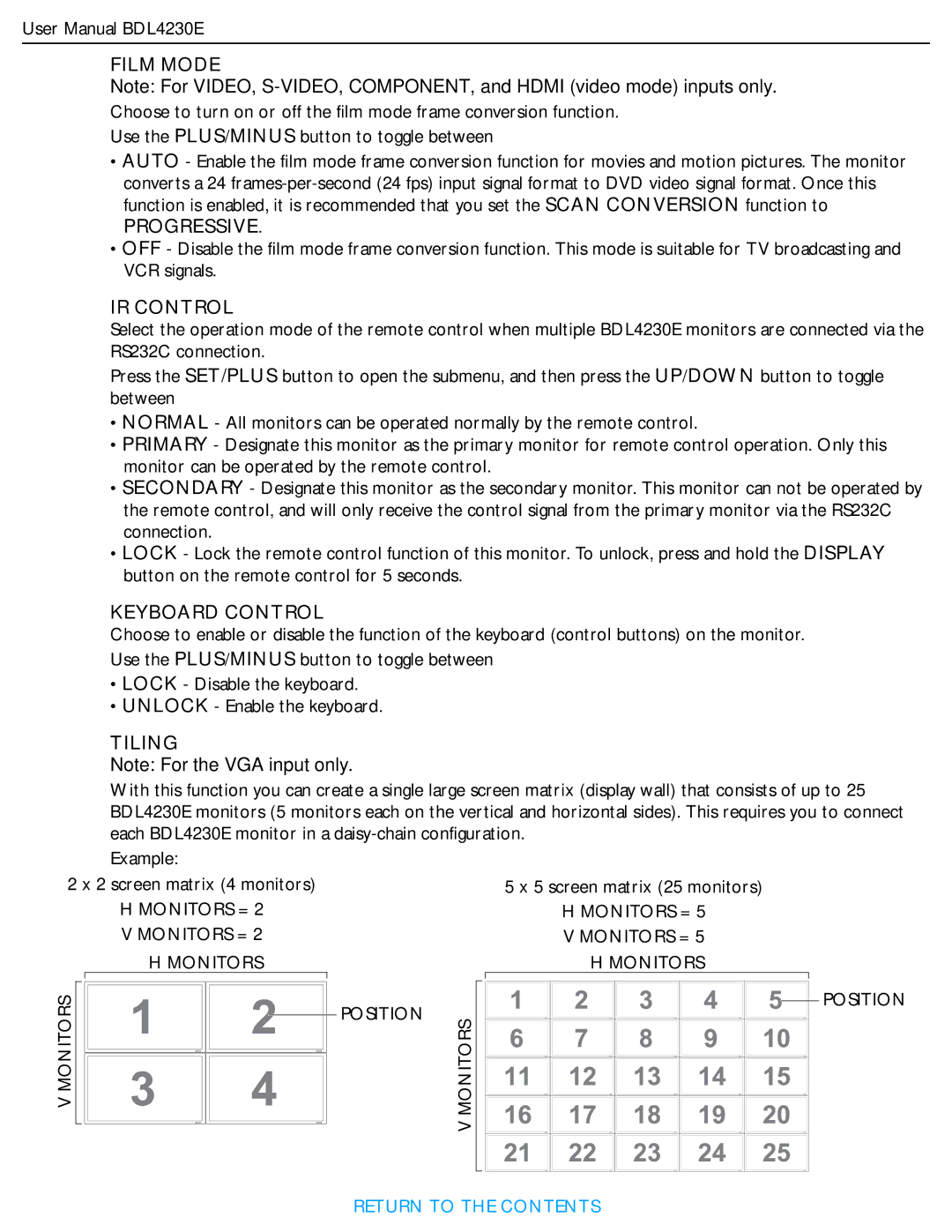 Philips BDL4230E user manual Film Mode, Progressive, IR Control, Keyboard Control, Tiling 