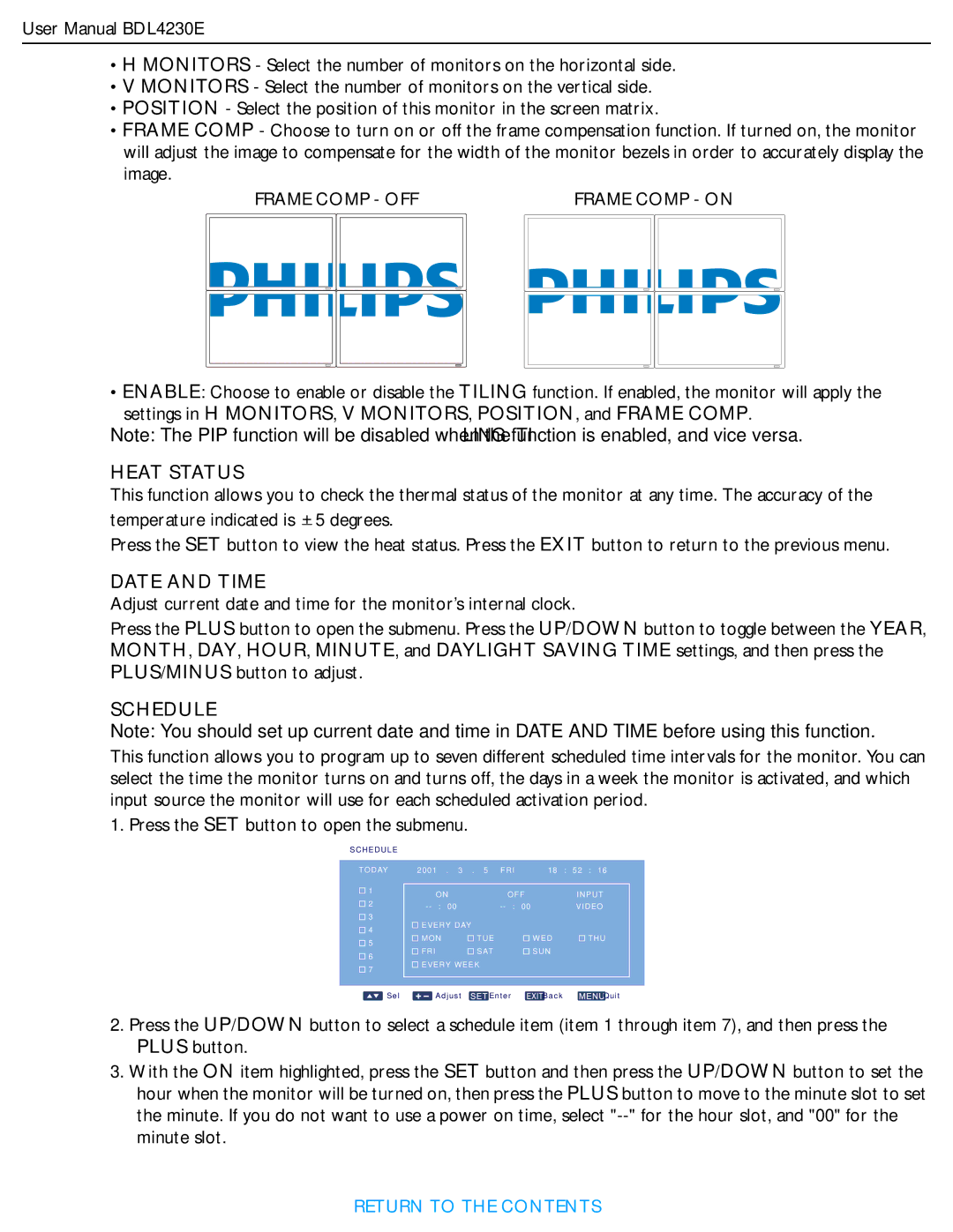 Philips BDL4230E user manual Heat Status, Date and Time, Schedule 