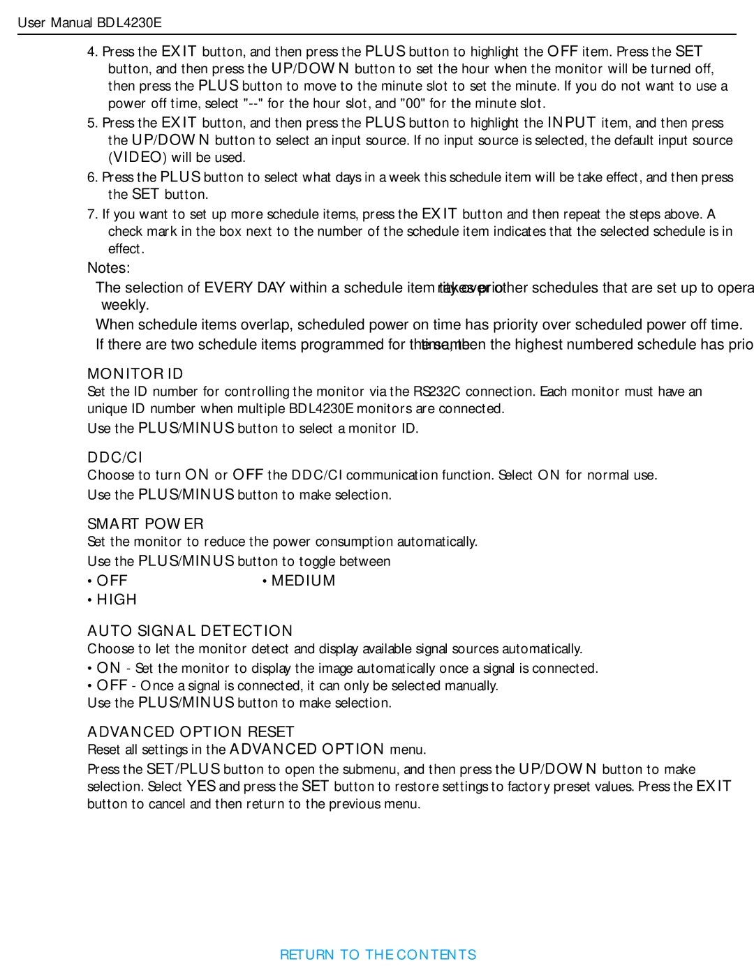 Philips BDL4230E user manual Monitor ID, Ddc/Ci, Smart Power, Medium, High Auto Signal Detection, Advanced Option Reset 