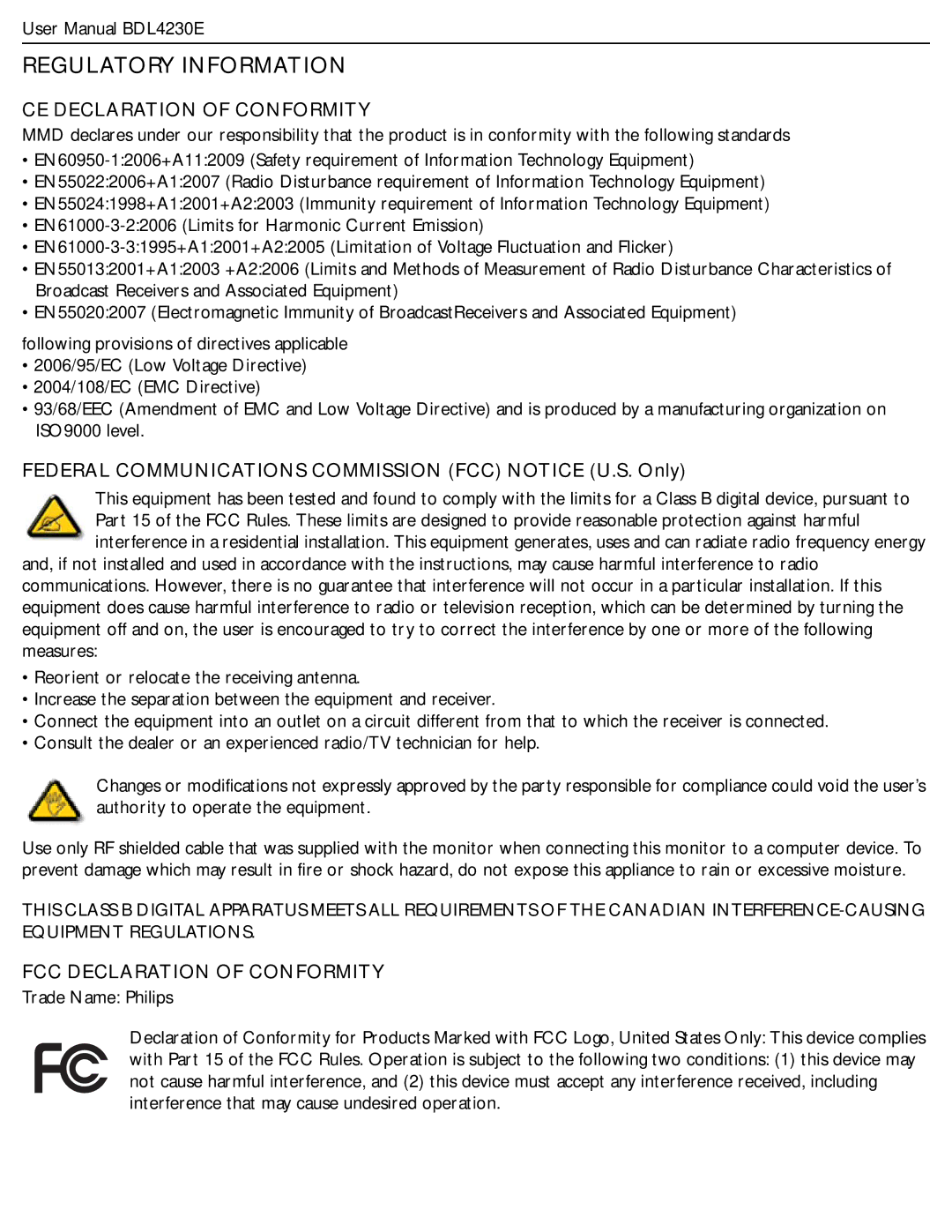 Philips BDL4230E user manual Regulatory Information, CE Declaration of Conformity, FCC Declaration of Conformity 