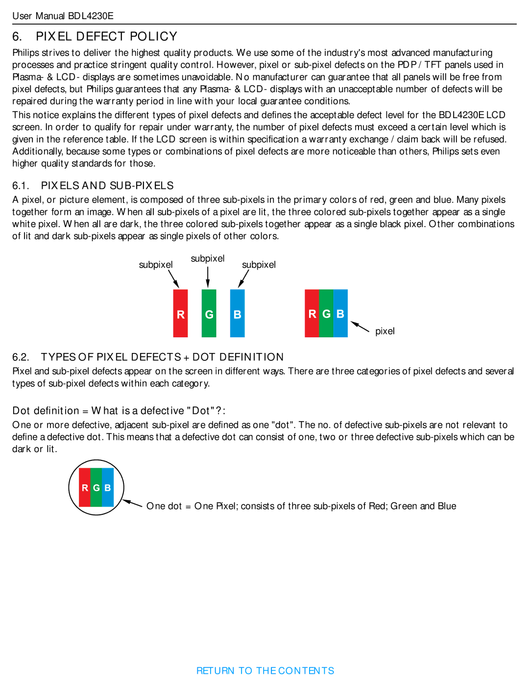 Philips BDL4230E Pixel Defect Policy, Types of Pixel Defects + DOT Definition, Dot definition = What is a defective Dot? 