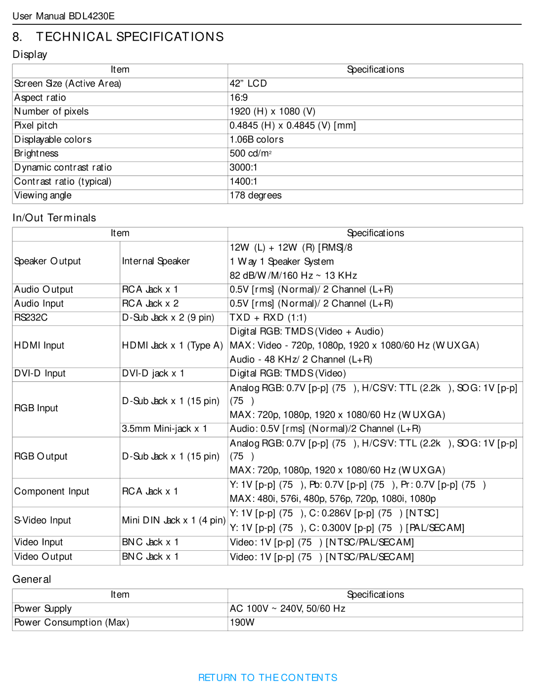 Philips BDL4230E user manual Technical Specifications, Display, In/Out Terminals, General 