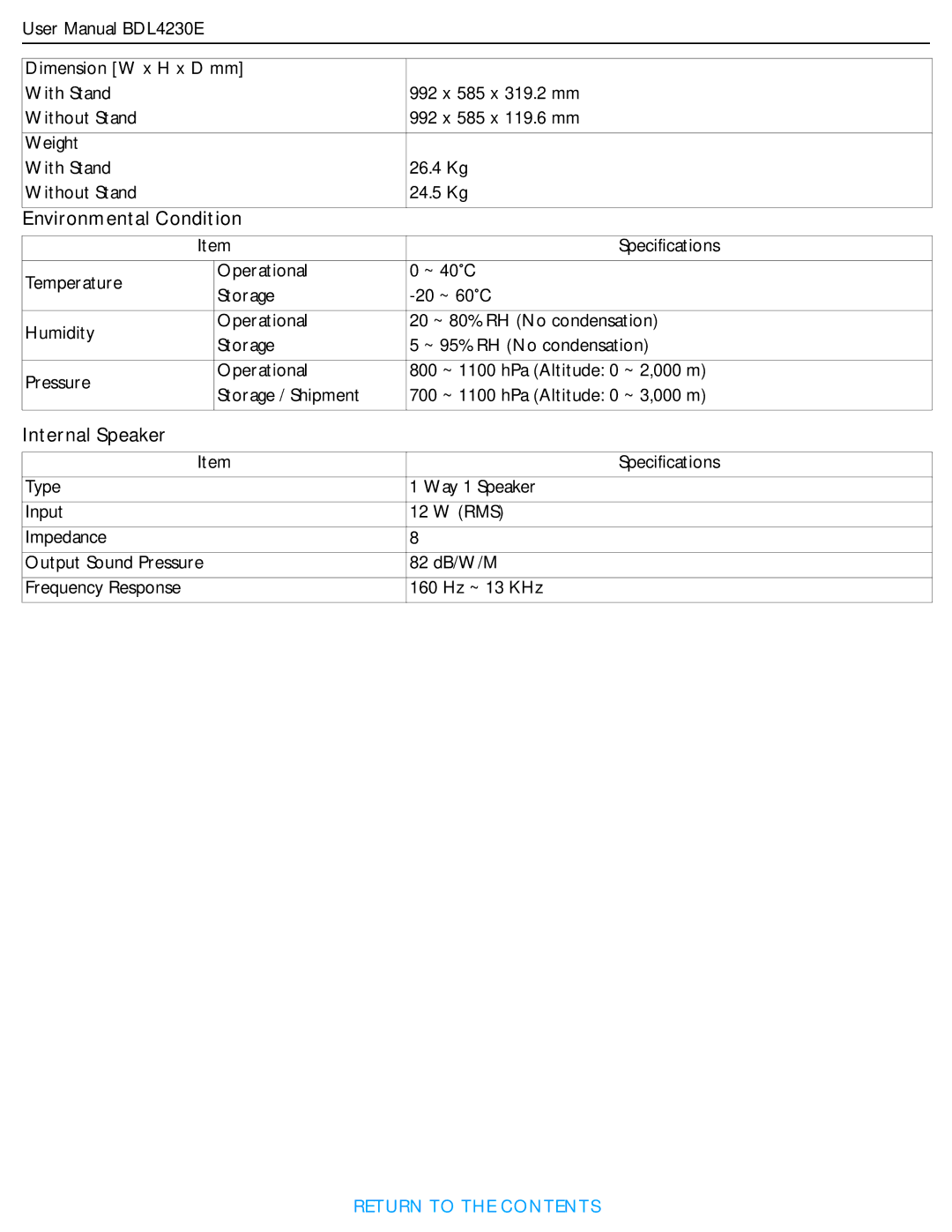 Philips BDL4230E user manual Environmental Condition, Internal Speaker 