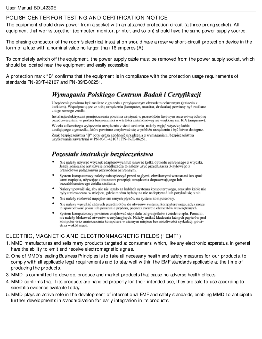 Philips BDL4230E Polish Center for Testing and Certification Notice, ELECTRIC, Magnetic and Electronmagnetic Fields EMF 