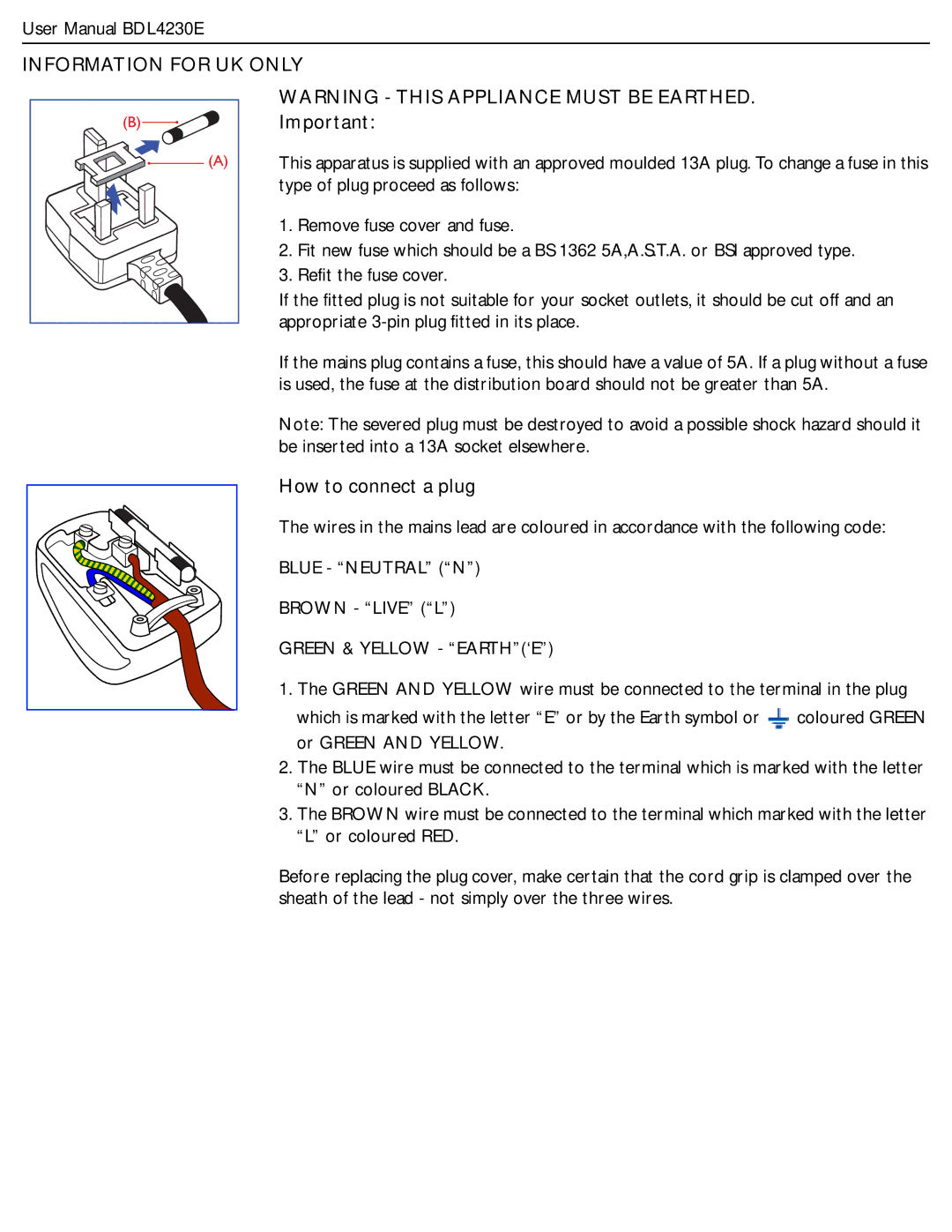 Philips BDL4230E user manual Information for UK only, How to connect a plug 