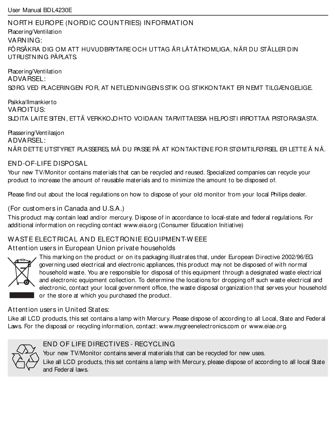 Philips BDL4230E user manual North Europe Nordic Countries Information, Varning, Varoitus, END-OF-LIFE Disposal 