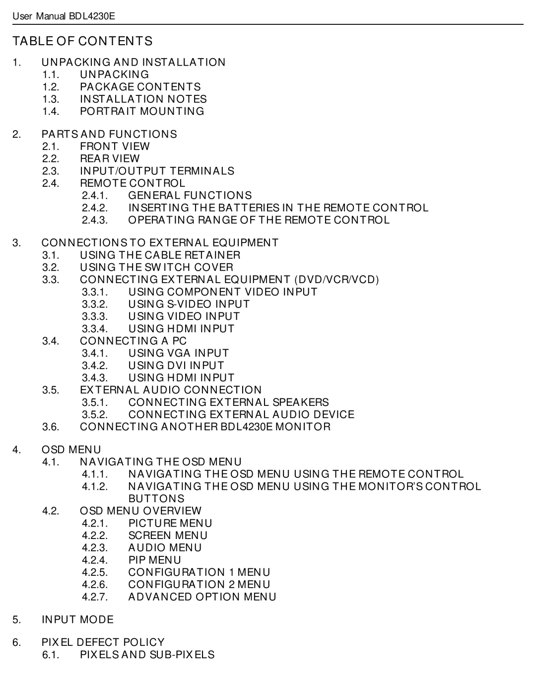 Philips BDL4230E user manual Table of Contents 