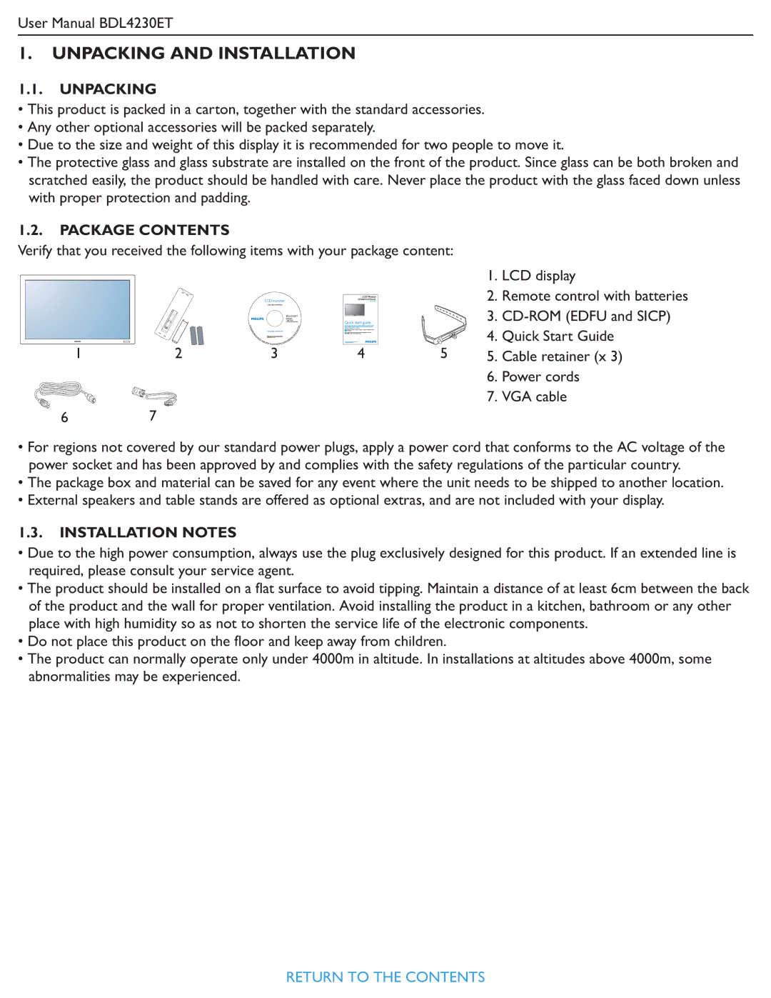 Philips BDL4230ET user manual Unpacking and Installation 