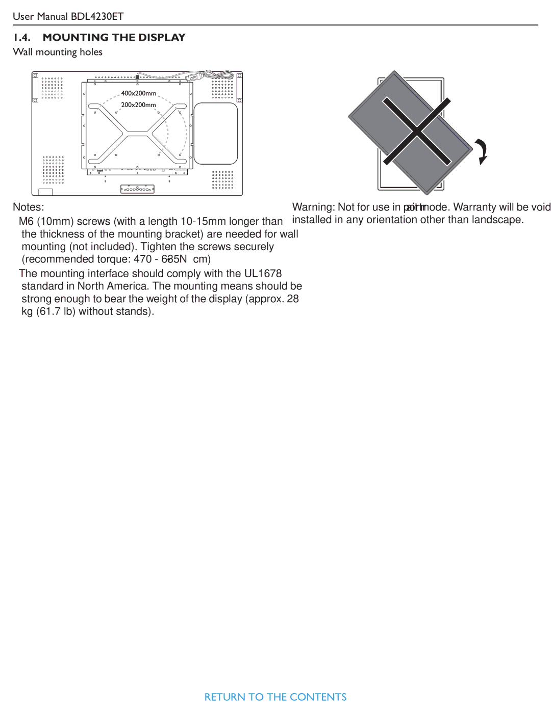 Philips BDL4230ET user manual Mounting the Display Wall mounting holes 