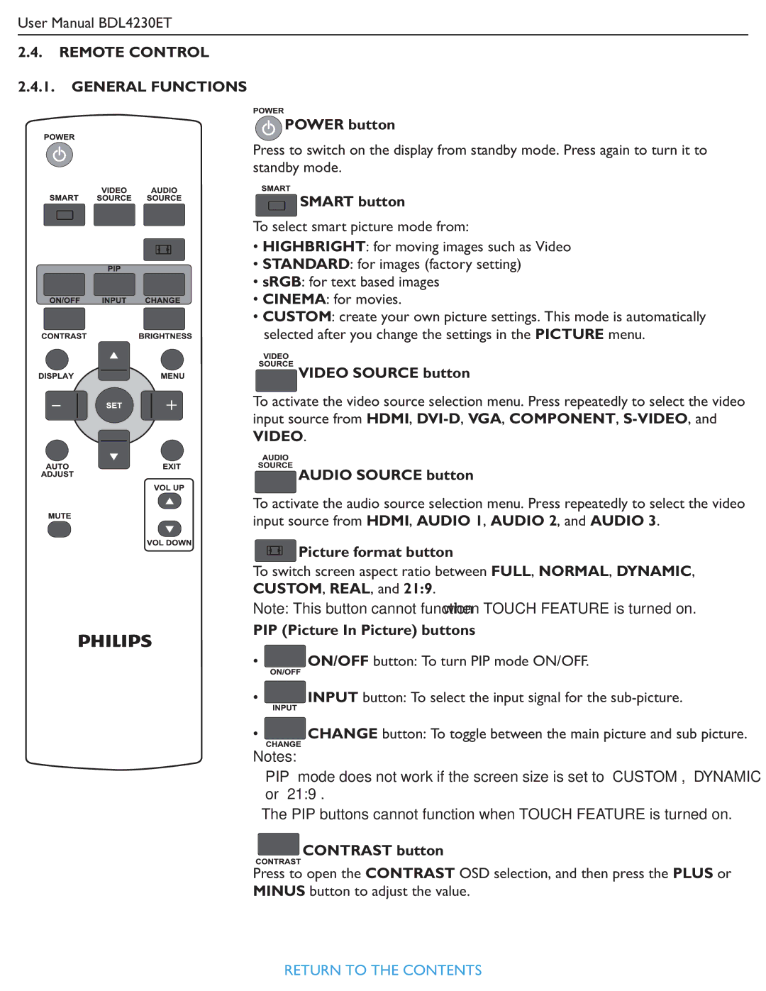 Philips BDL4230ET user manual Remote Control General Functions 