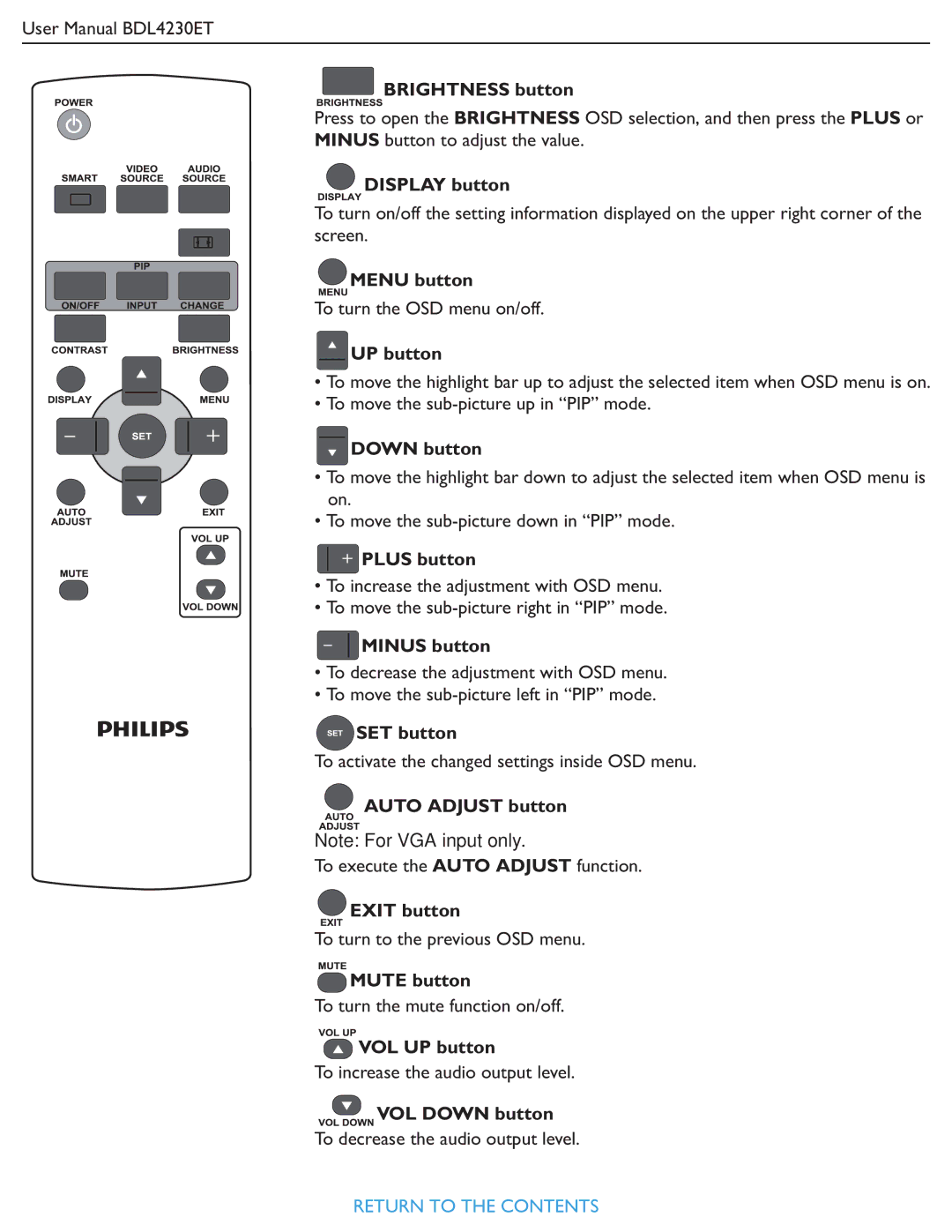 Philips BDL4230ET Brightness button, Display button, UP button, Down button, Plus button, Minus button, SET button 