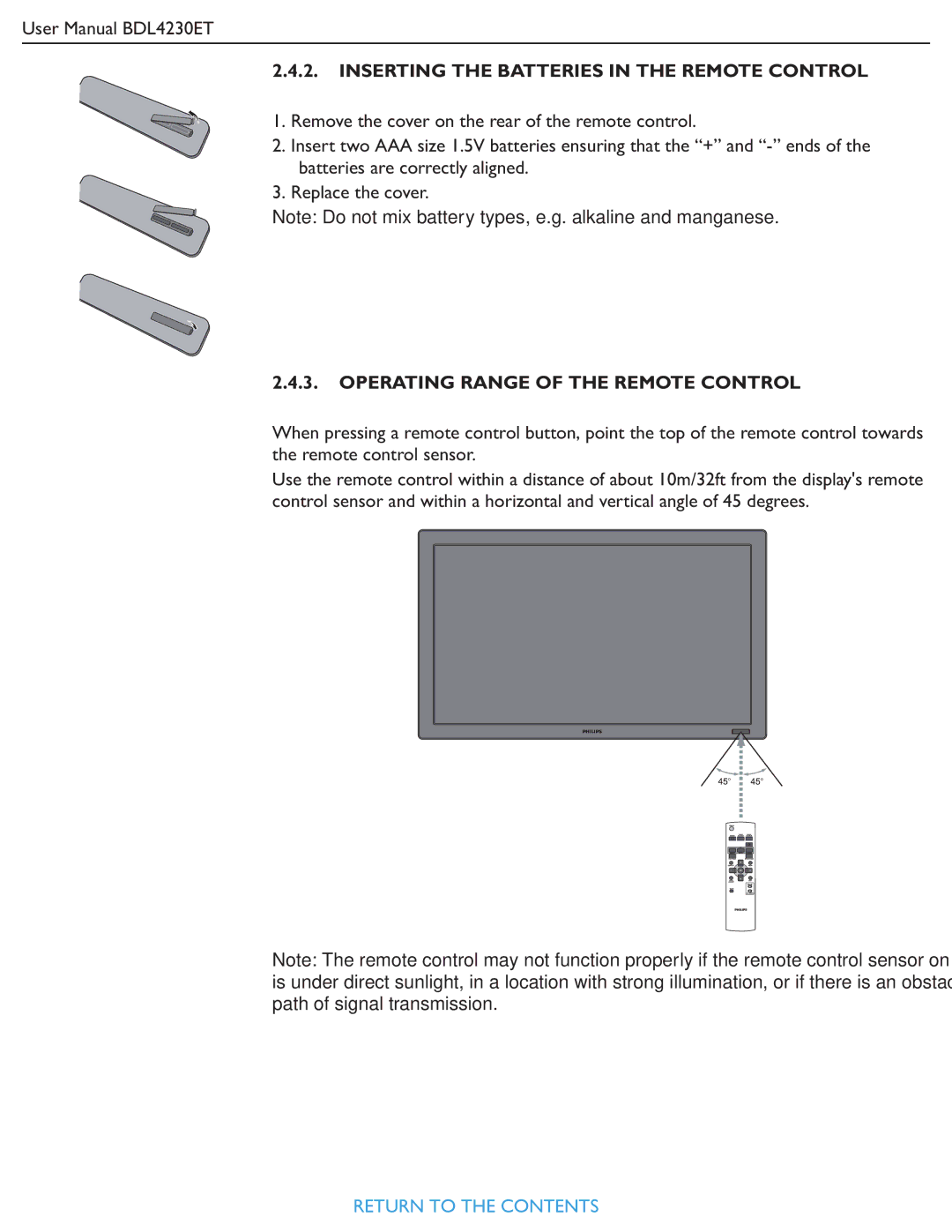 Philips BDL4230ET user manual Inserting the Batteries in the Remote Control 