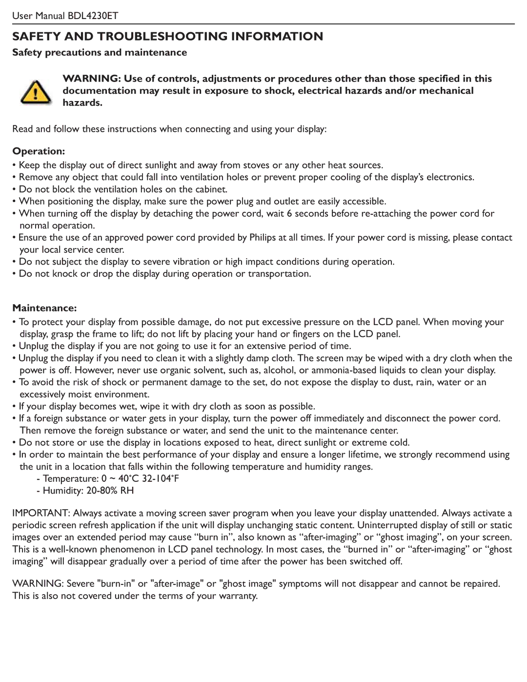 Philips BDL4230ET Safety and Troubleshooting Information, Safety precautions and maintenance, Operation, Maintenance 